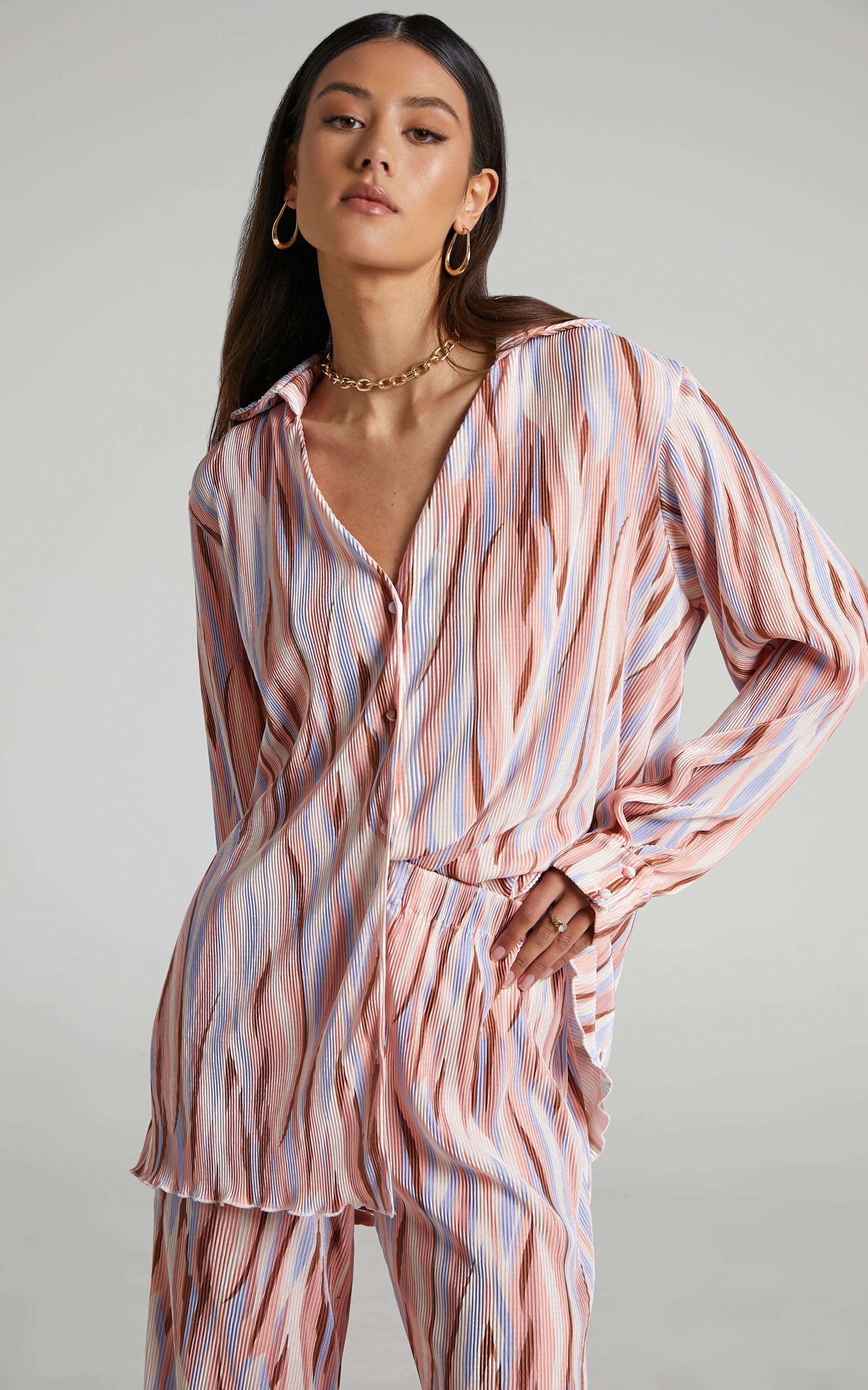 Marfy Top - Abstract Print Button Down Plisse Top in Multi