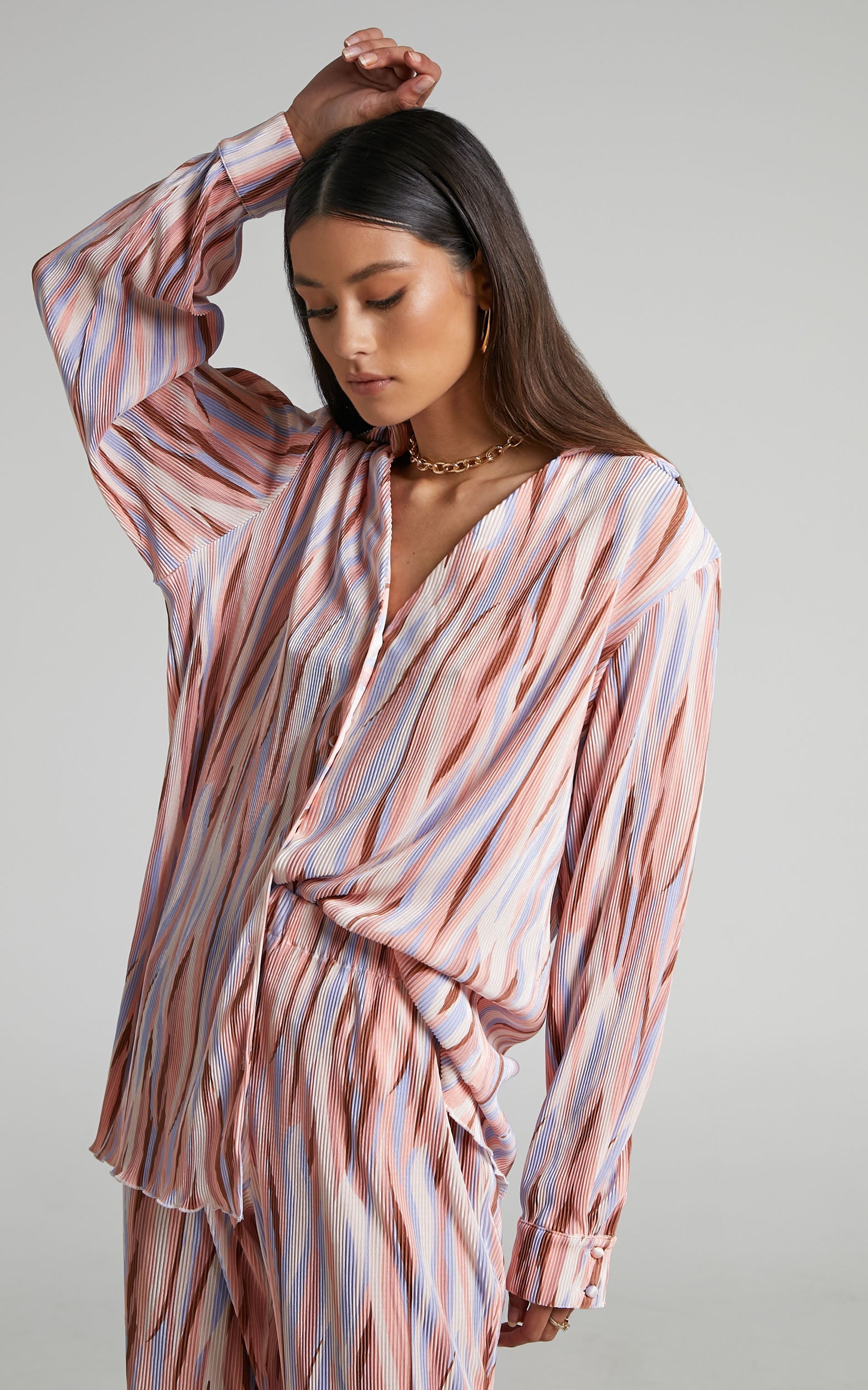 Marfy Top - Abstract Print Button Down Plisse Top in Multi