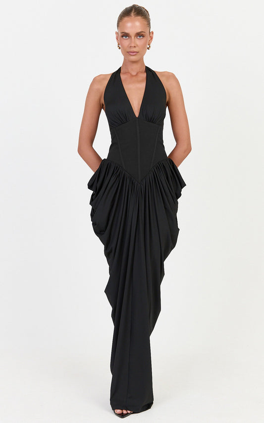 Margaux Maxi Dress - Halter Neck Corset Bodice Draped Dress in Black