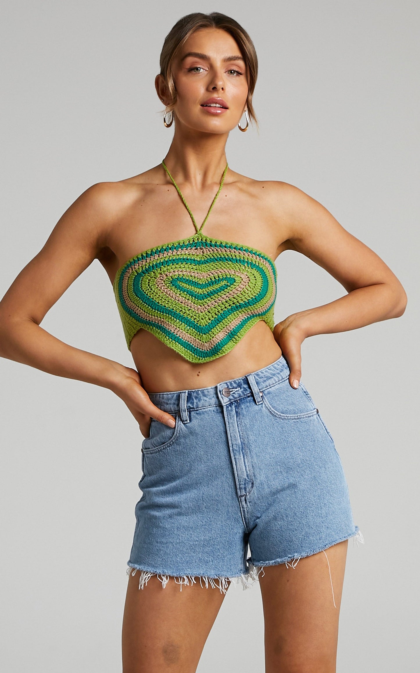 Margethe Top - Crochet Halterneck Top in Green Multi