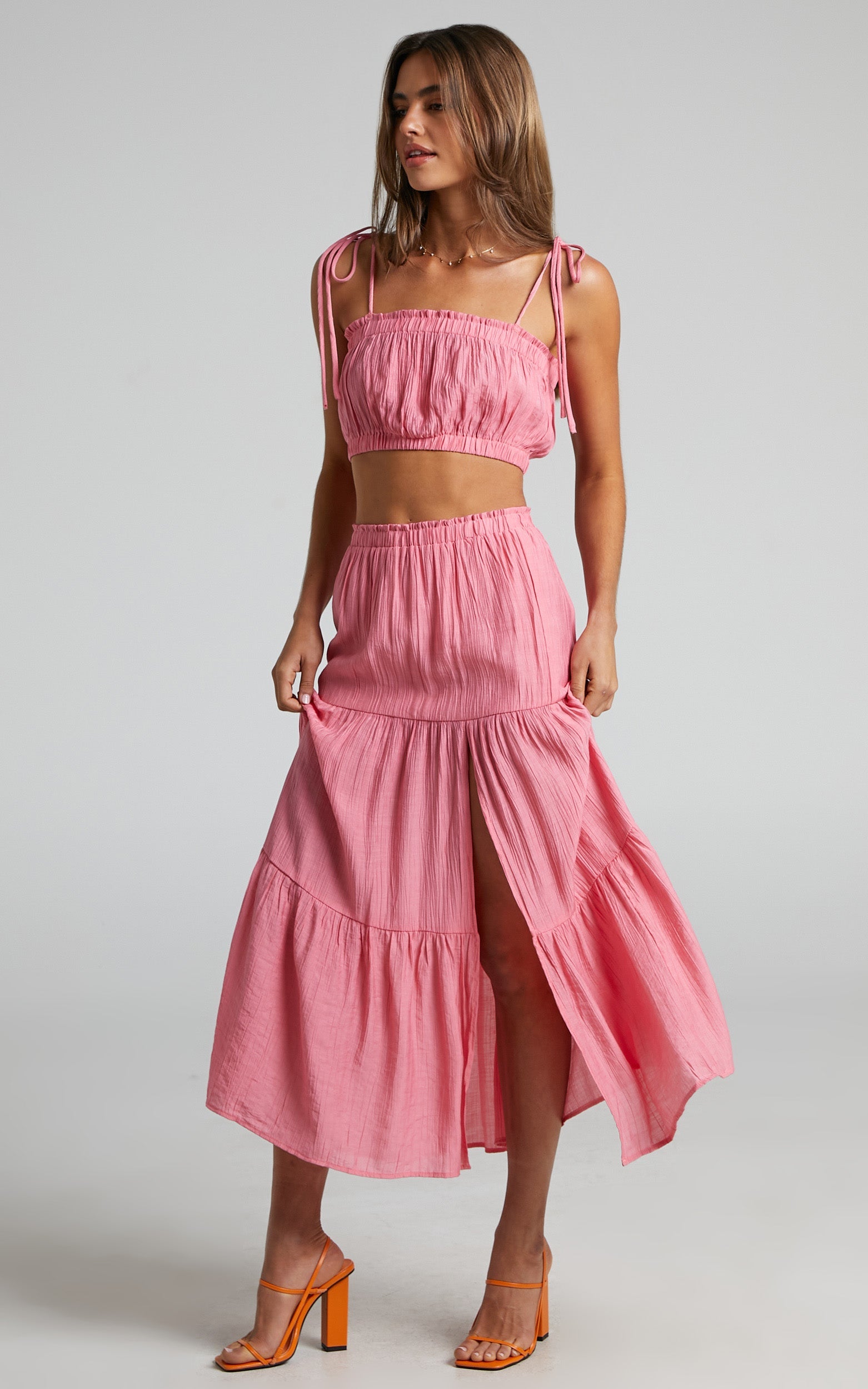Mariah Tie Strap Crop Top and Tiered Midi Skirt Two Piece Set in Pink