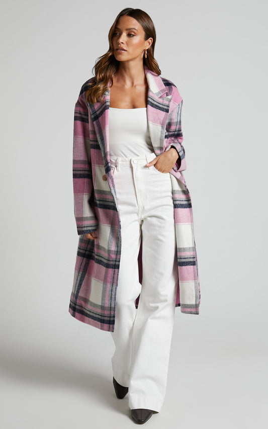 Mariam Coat - Double Breasted Coat in Purple Navy Check