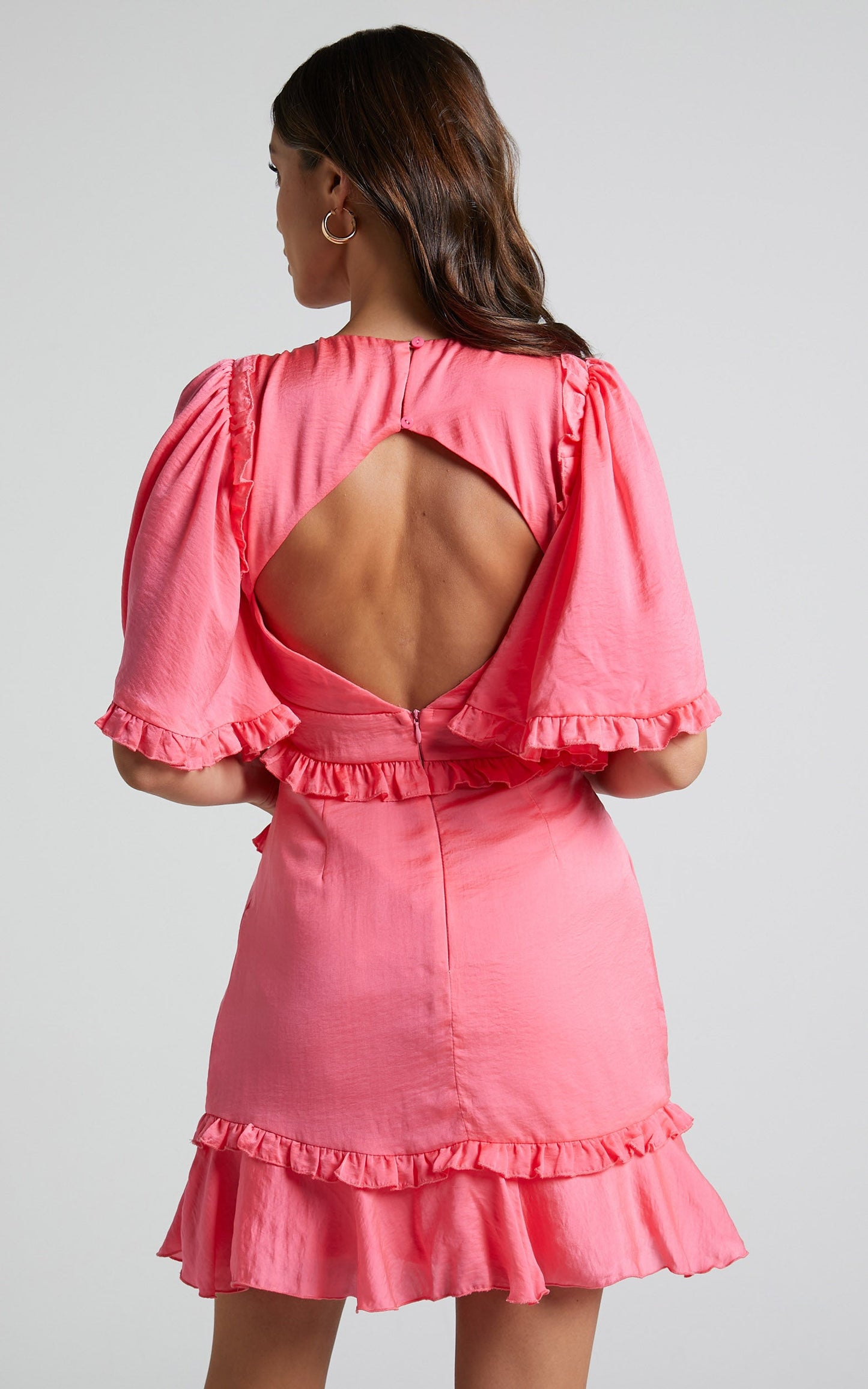 Maricris Mini Dress - Open Back Bell Sleeve Frill Dress in Bright Pink