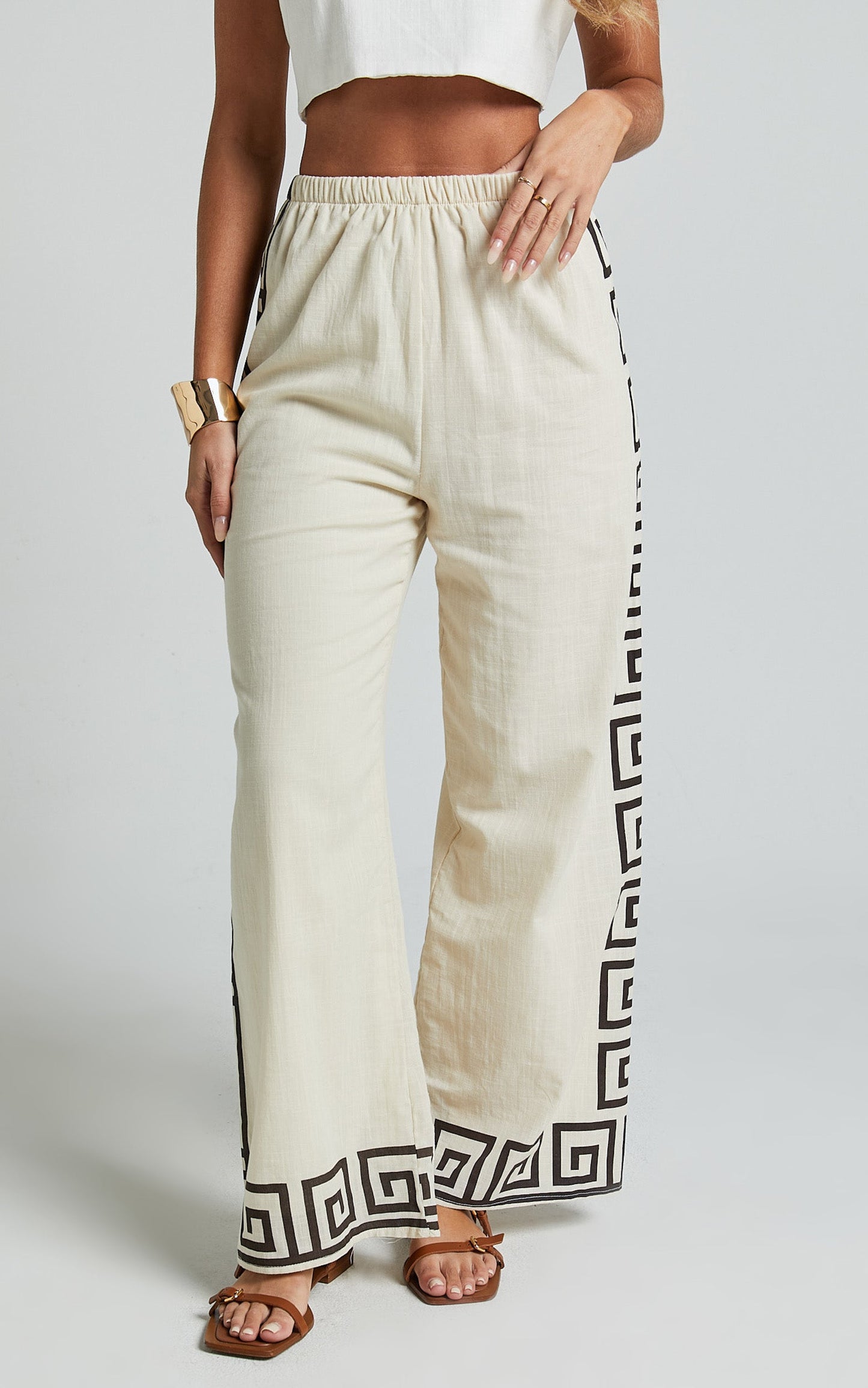 Marie Pants - Elasticated Linen Pants in Beige Geo