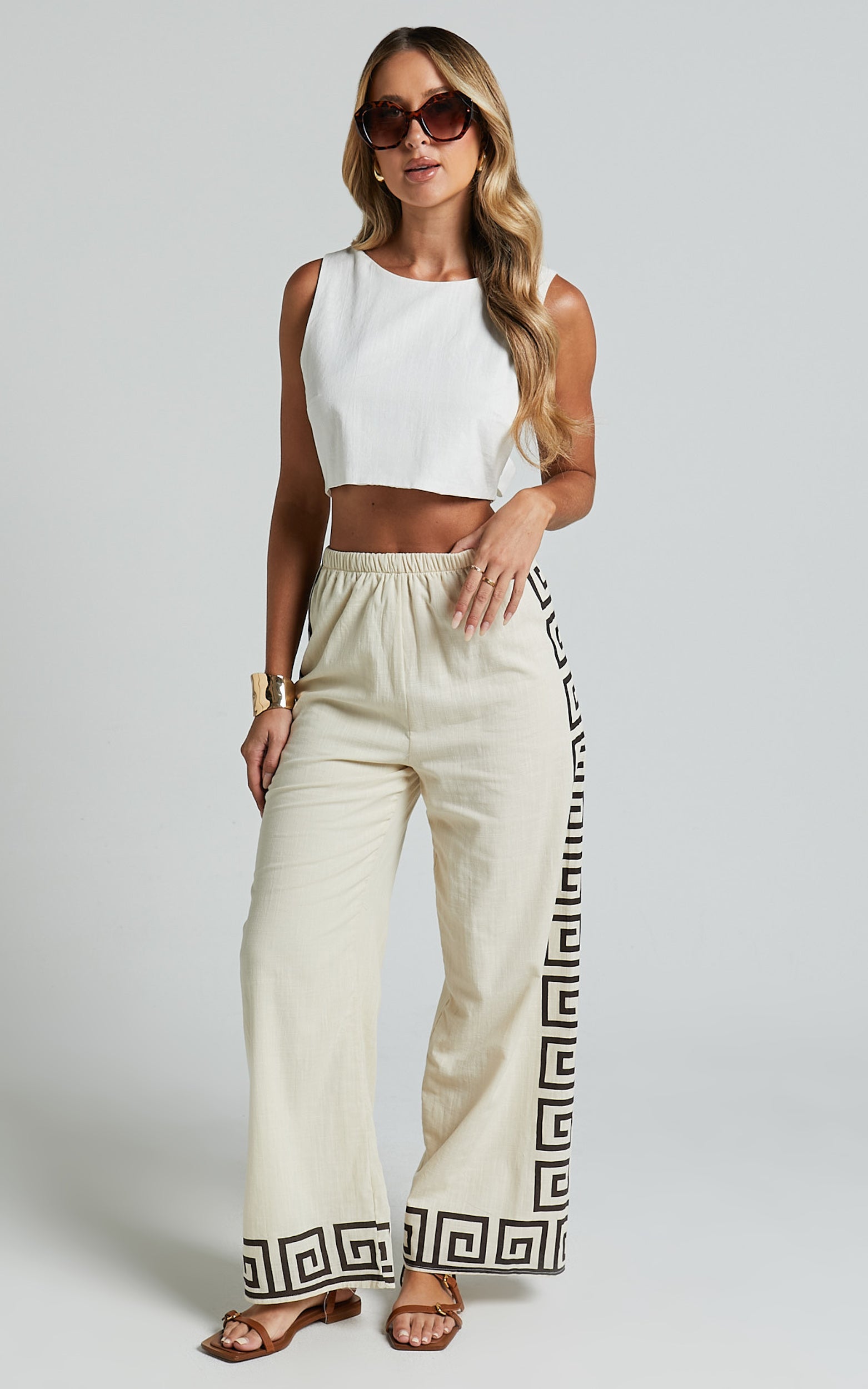 Marie Pants - Elasticated Linen Pants in Beige Geo