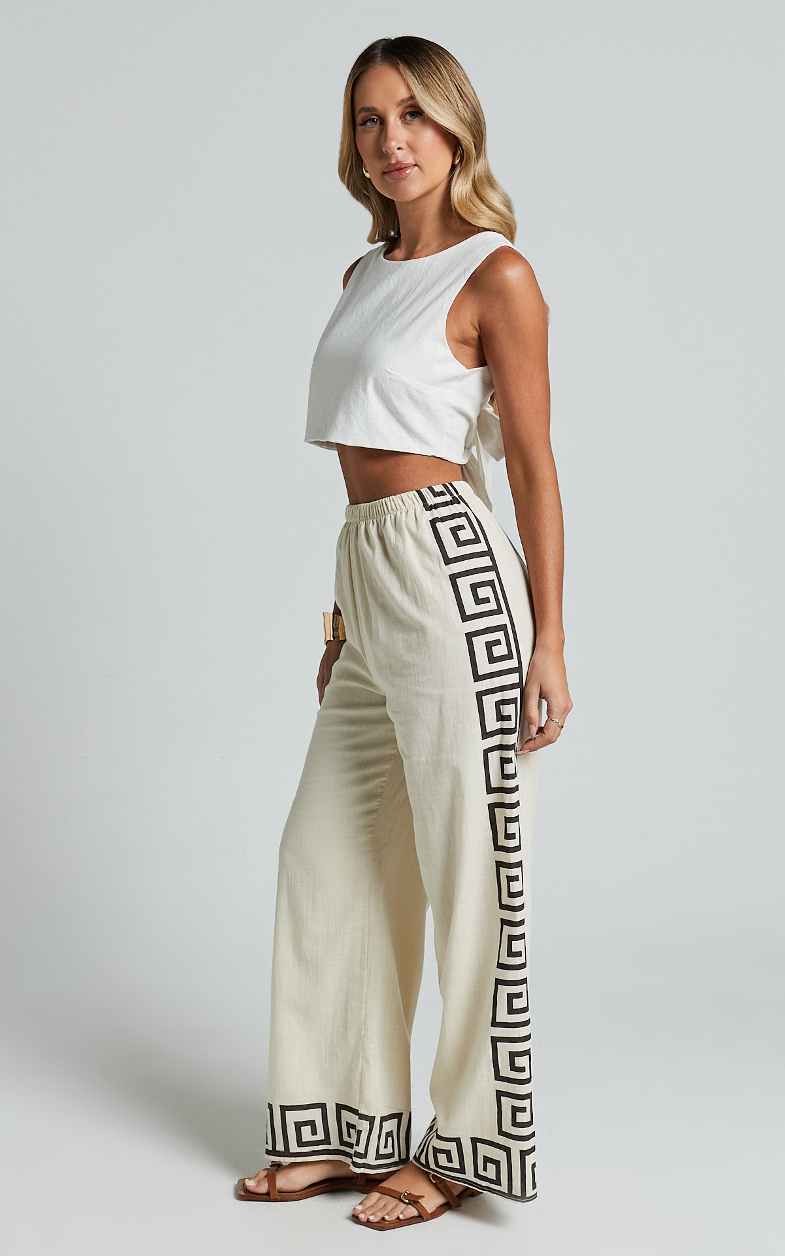 Marie Pants - Elasticated Linen Pants in Beige Geo