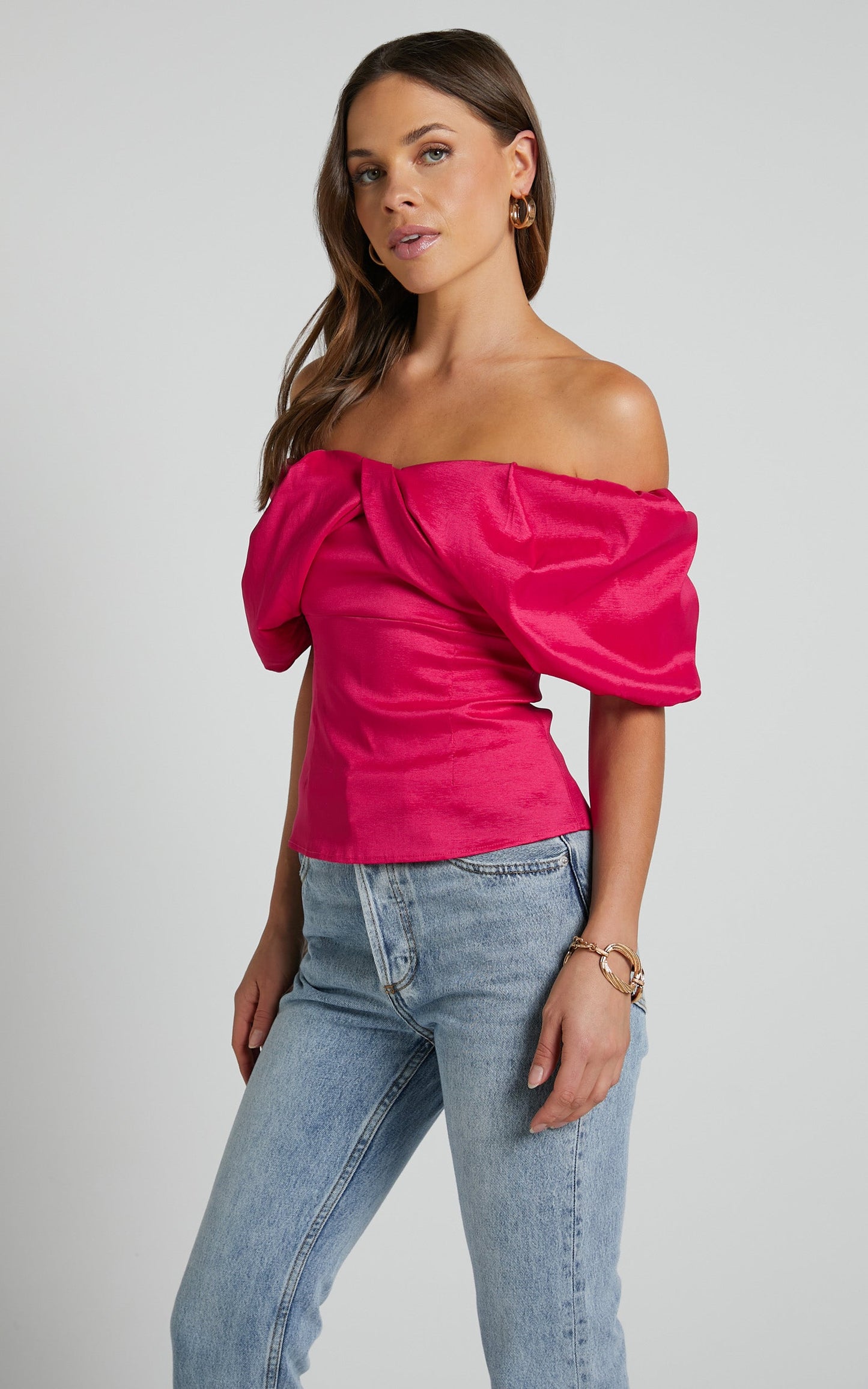 Marie Top - Off Shoulder Short Puff Sleeve in Hot Pink