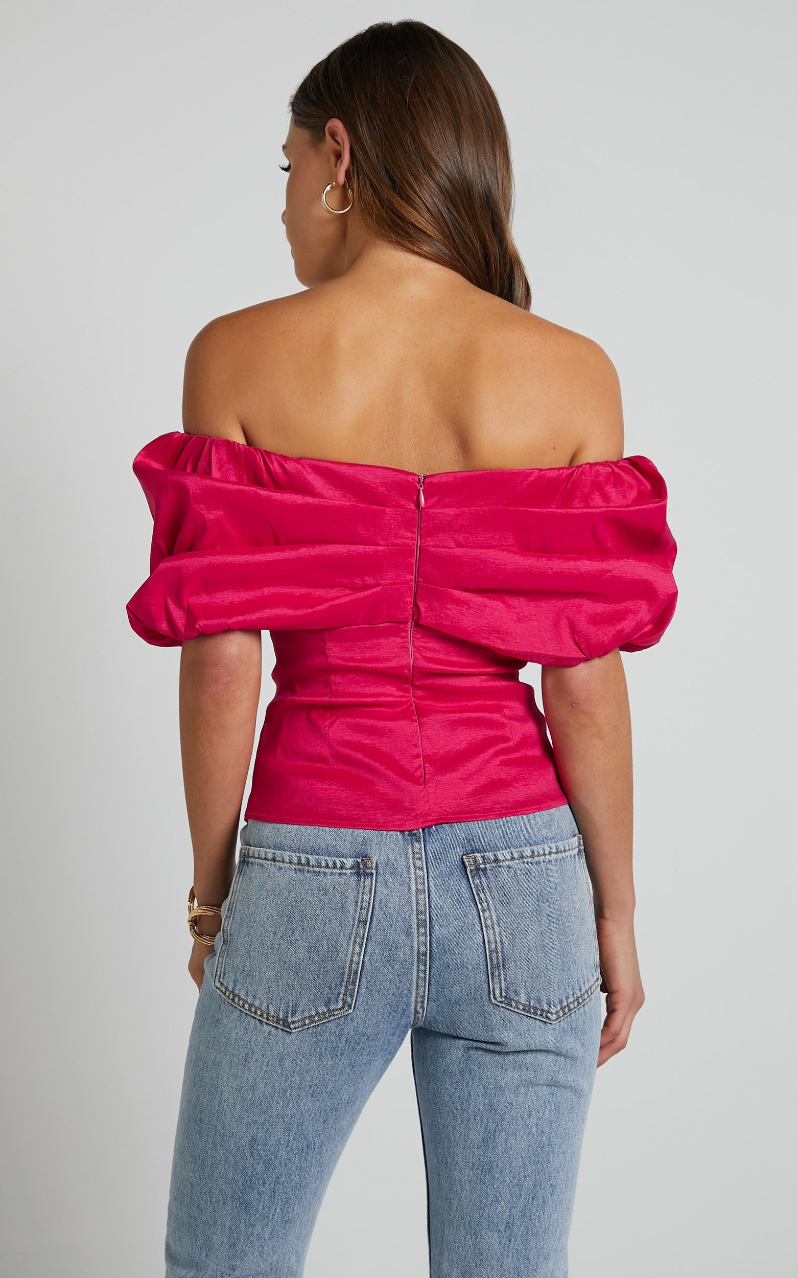 Marie Top - Off Shoulder Short Puff Sleeve in Hot Pink