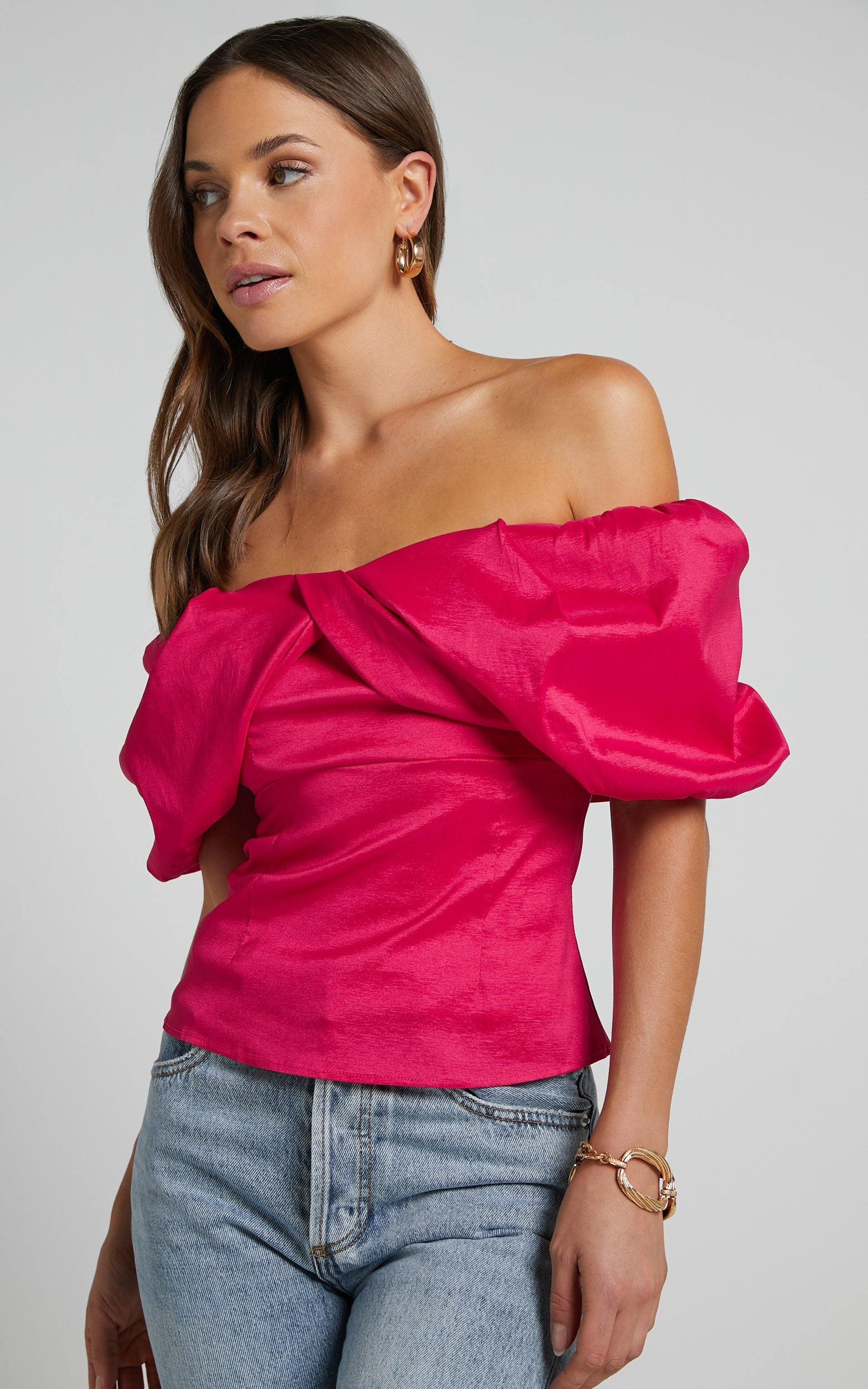 Marie Top - Off Shoulder Short Puff Sleeve in Hot Pink
