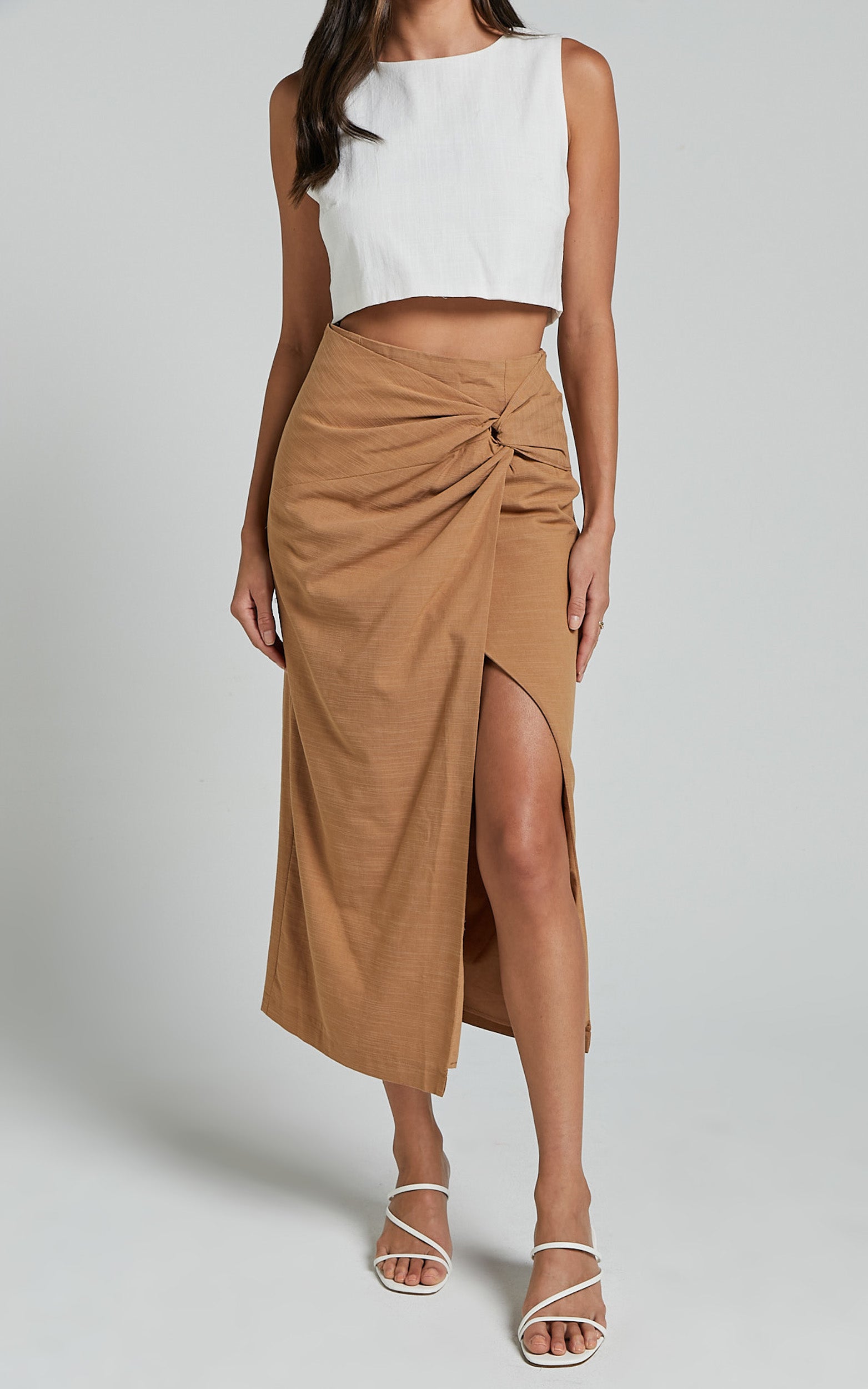 Marieta Midi Skirt - Linen Look Knot Front Skirt in Biscuit
