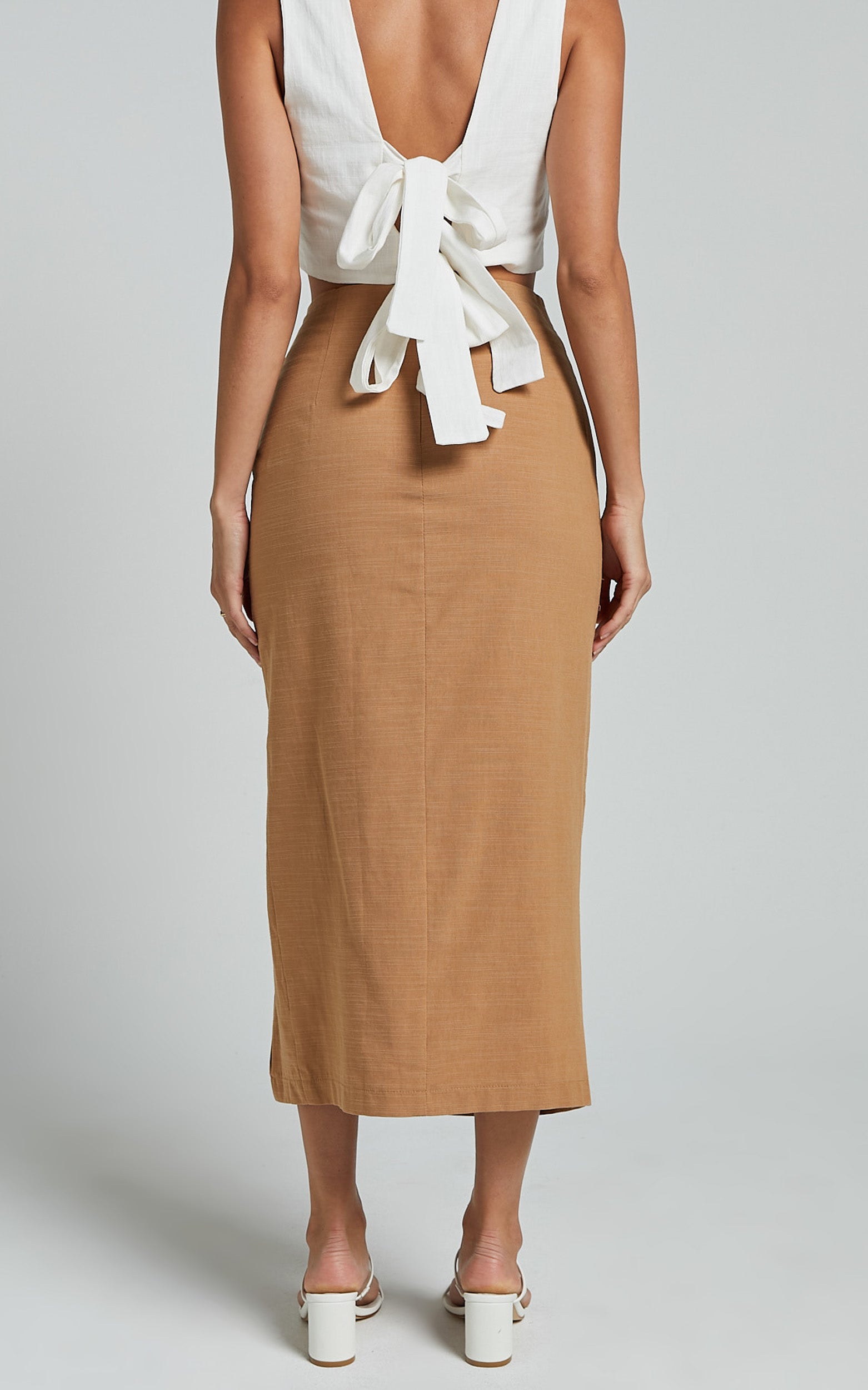 Marieta Midi Skirt - Linen Look Knot Front Skirt in Biscuit