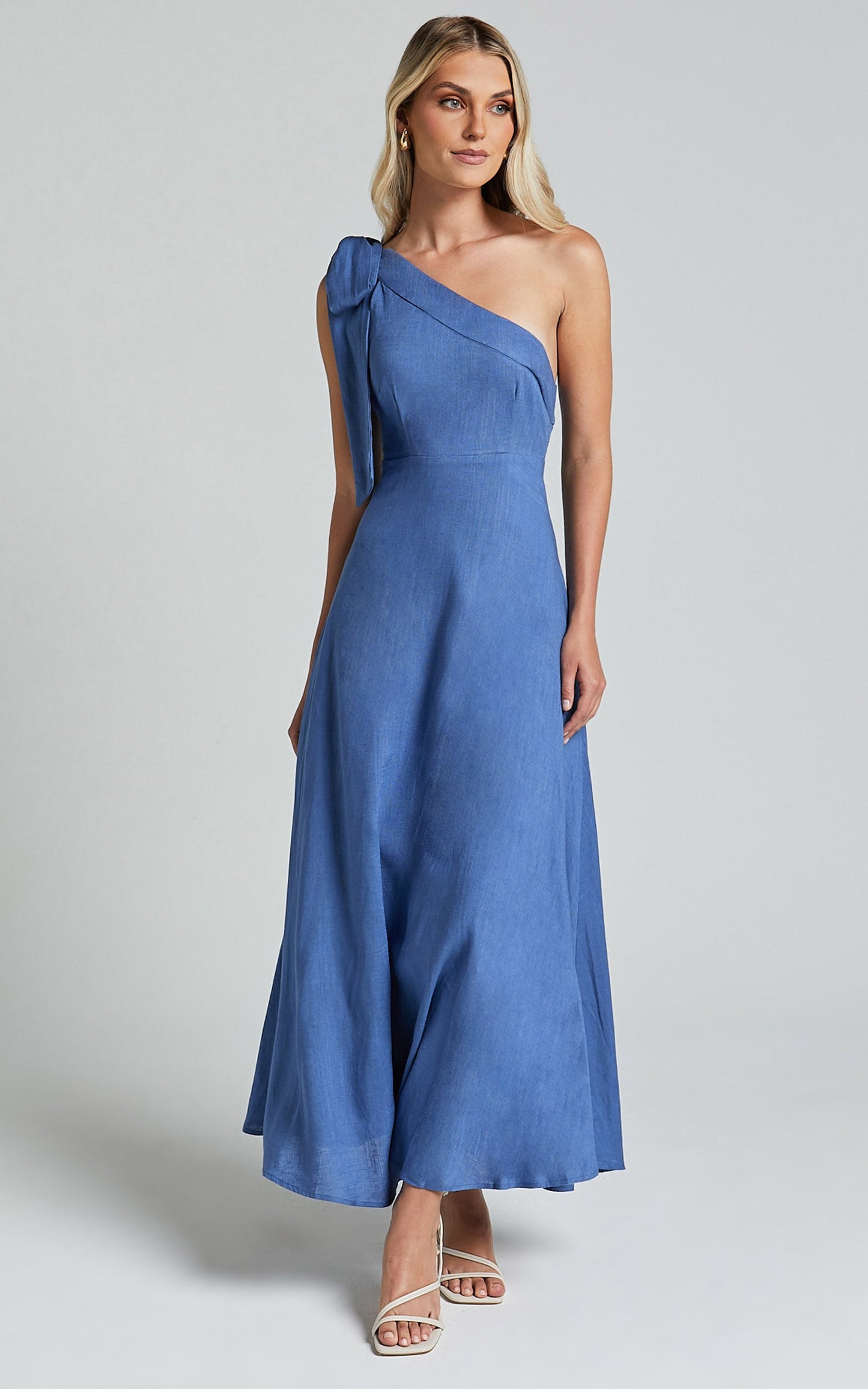 Marifee Midi Dress - Tie One Shoulder Linen Look Dress in Blue