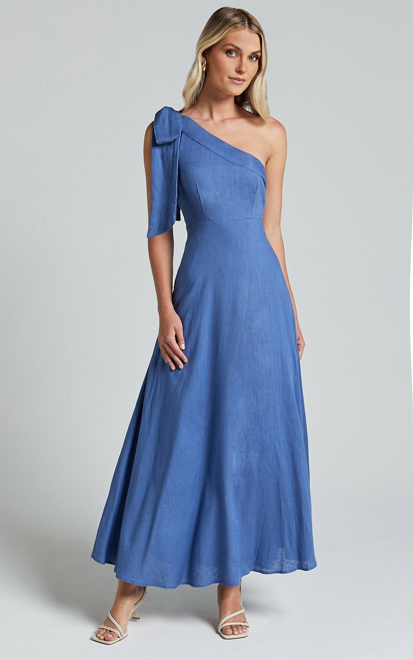Marifee Midi Dress - Tie One Shoulder Linen Look Dress in Blue