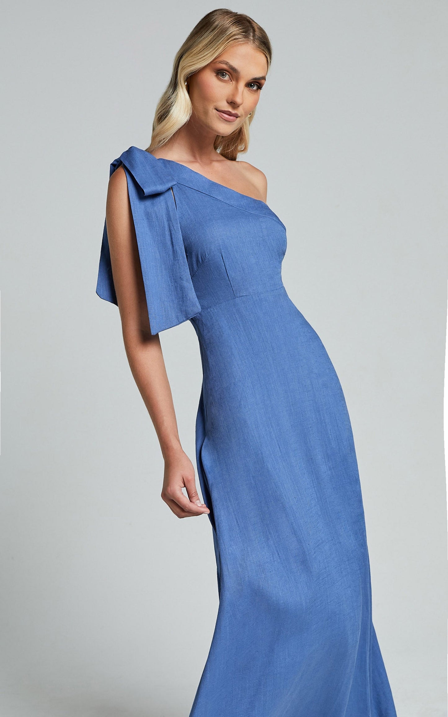 Marifee Midi Dress - Tie One Shoulder Linen Look Dress in Blue