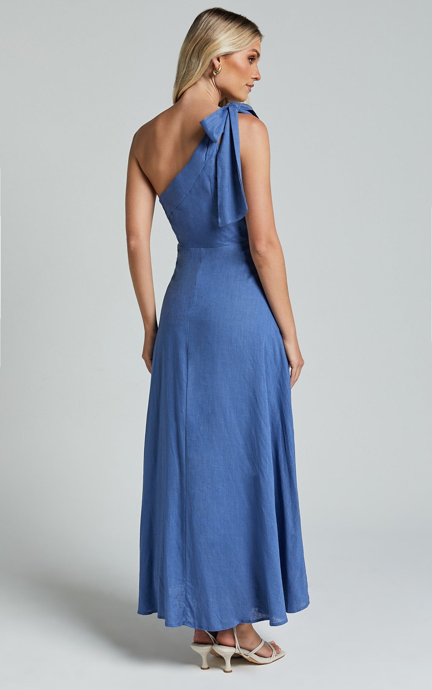 Marifee Midi Dress - Tie One Shoulder Linen Look Dress in Blue