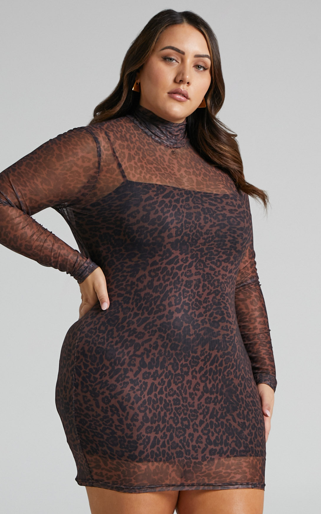 Mariko Printed High Neck Bodycon Long Sleeve Mesh Mini Dress in Winter Wild