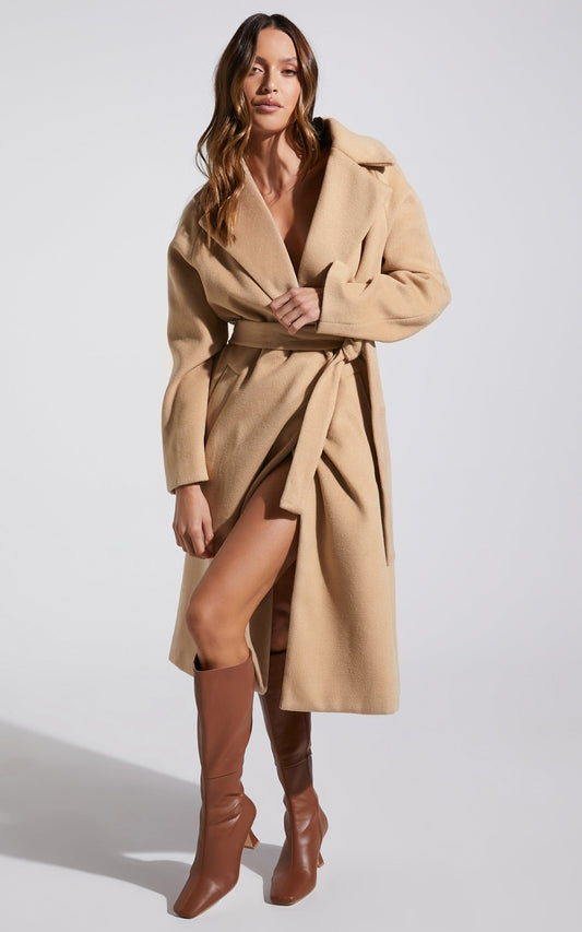 Mariles Coat - Belted Wrap Coat in Camel