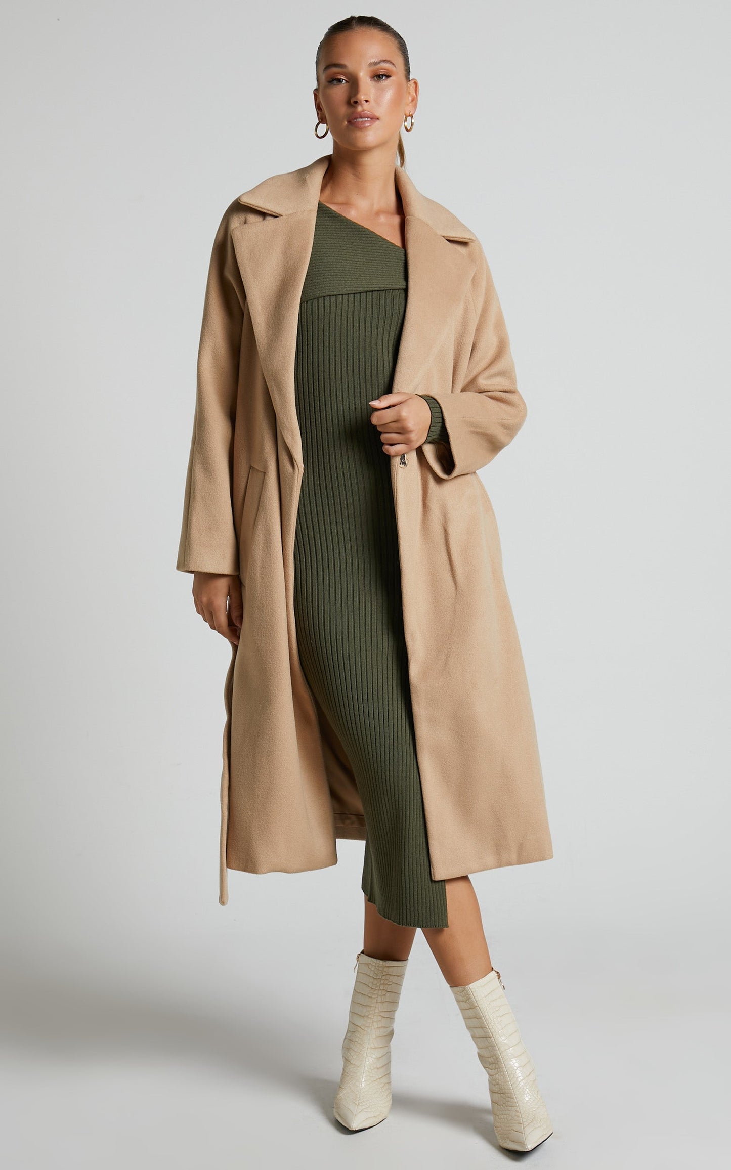 Mariles Coat - Belted Wrap Coat in Camel
