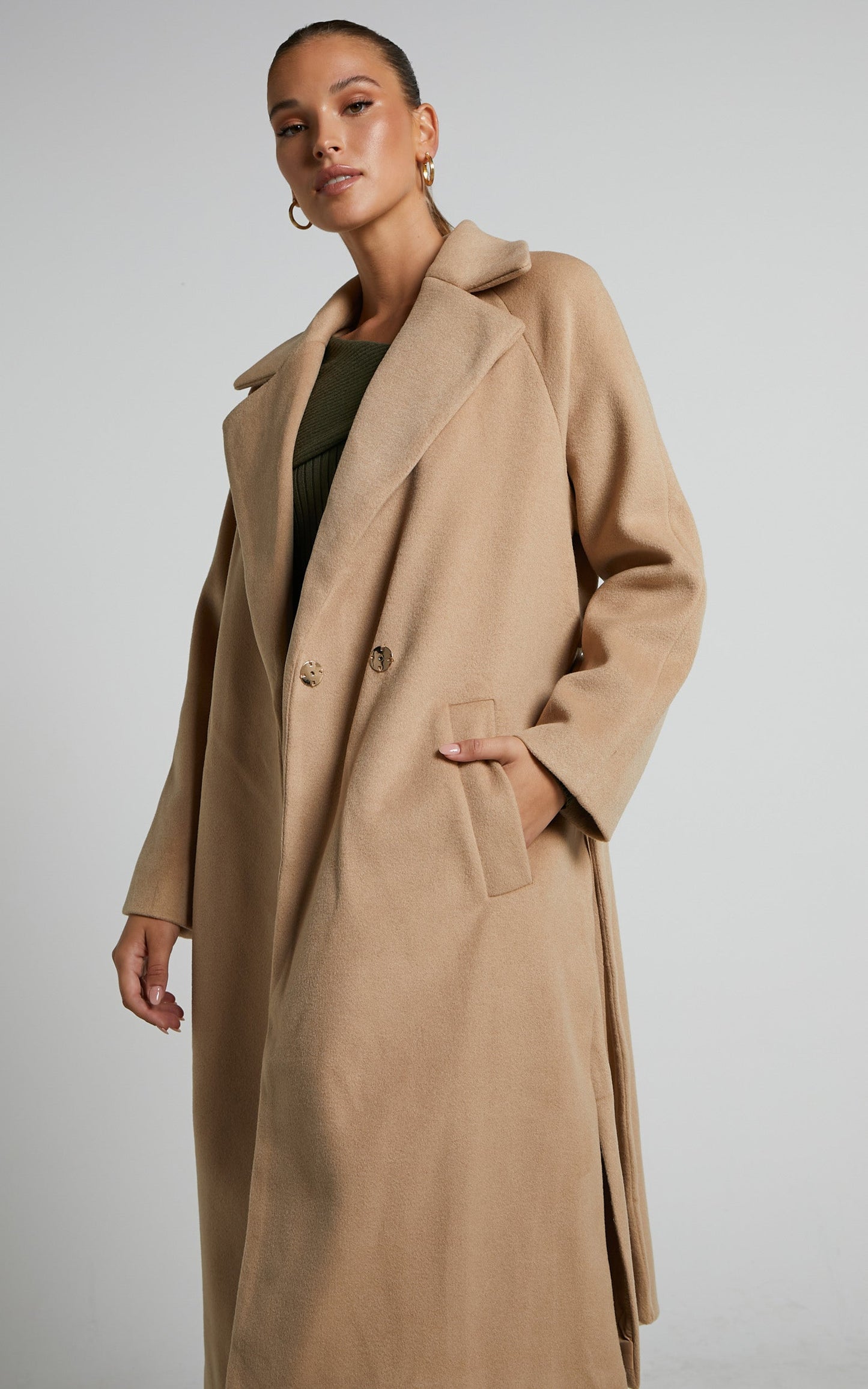 Mariles Coat - Belted Wrap Coat in Camel