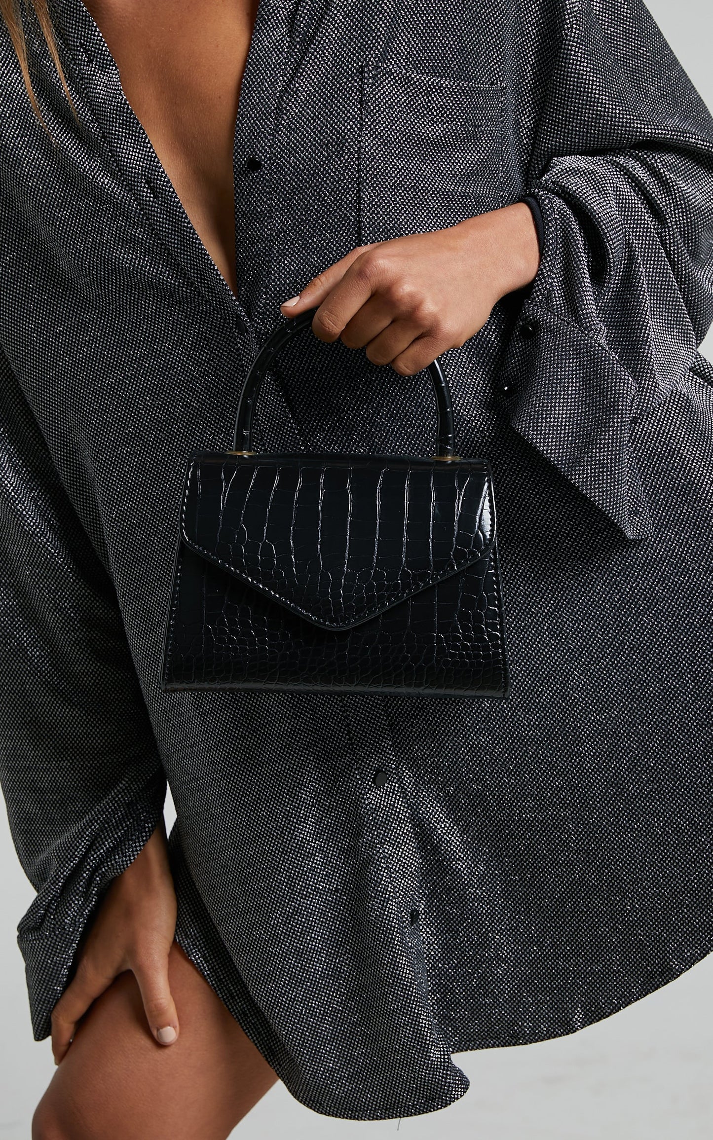 Marilou Bag - Croc Embossed Top Handle Crossbody Bag in Black