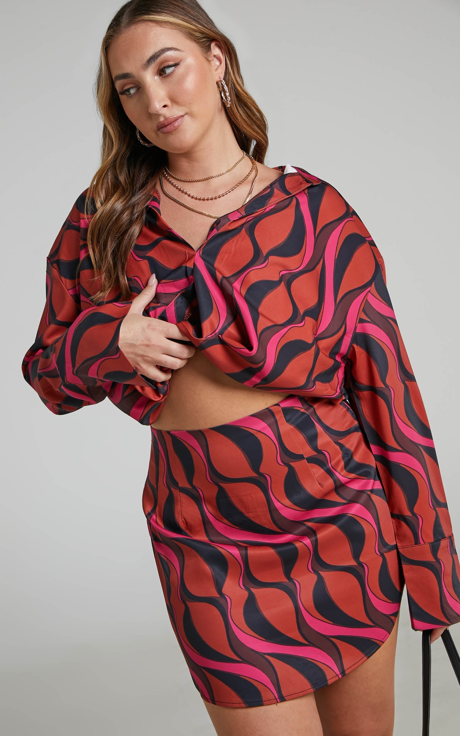 Marissah Two Piece Set - Swirl Print Cropped Shirt and Mini Skirt Set in Pink/Red
