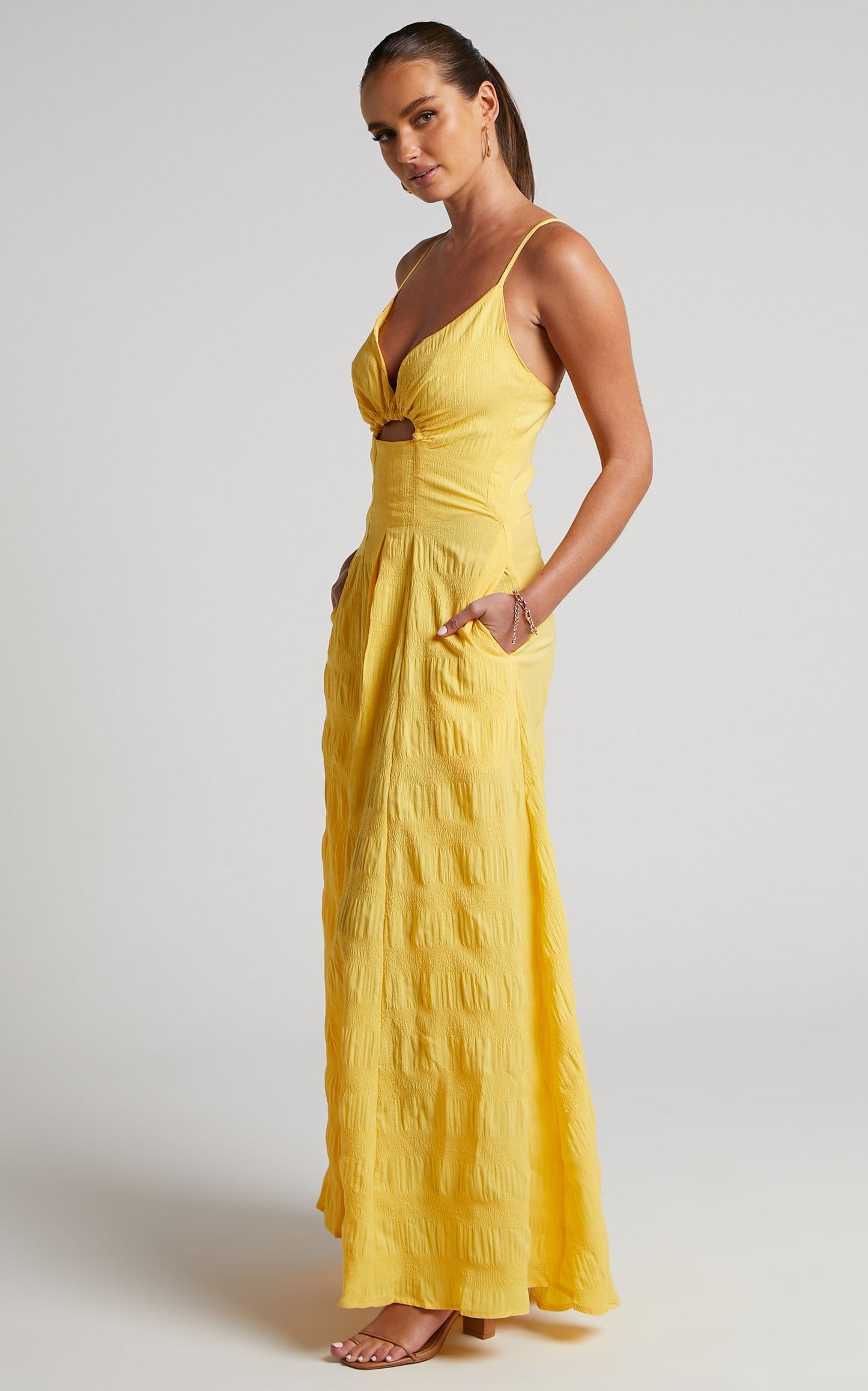 Marisse Maxi Dress - Cut Out Front Split Cross Back Textured Dress in Yellow