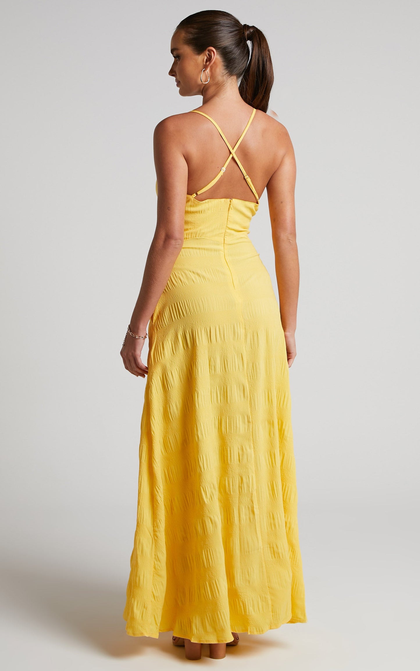 Marisse Maxi Dress - Cut Out Front Split Cross Back Textured Dress in Yellow