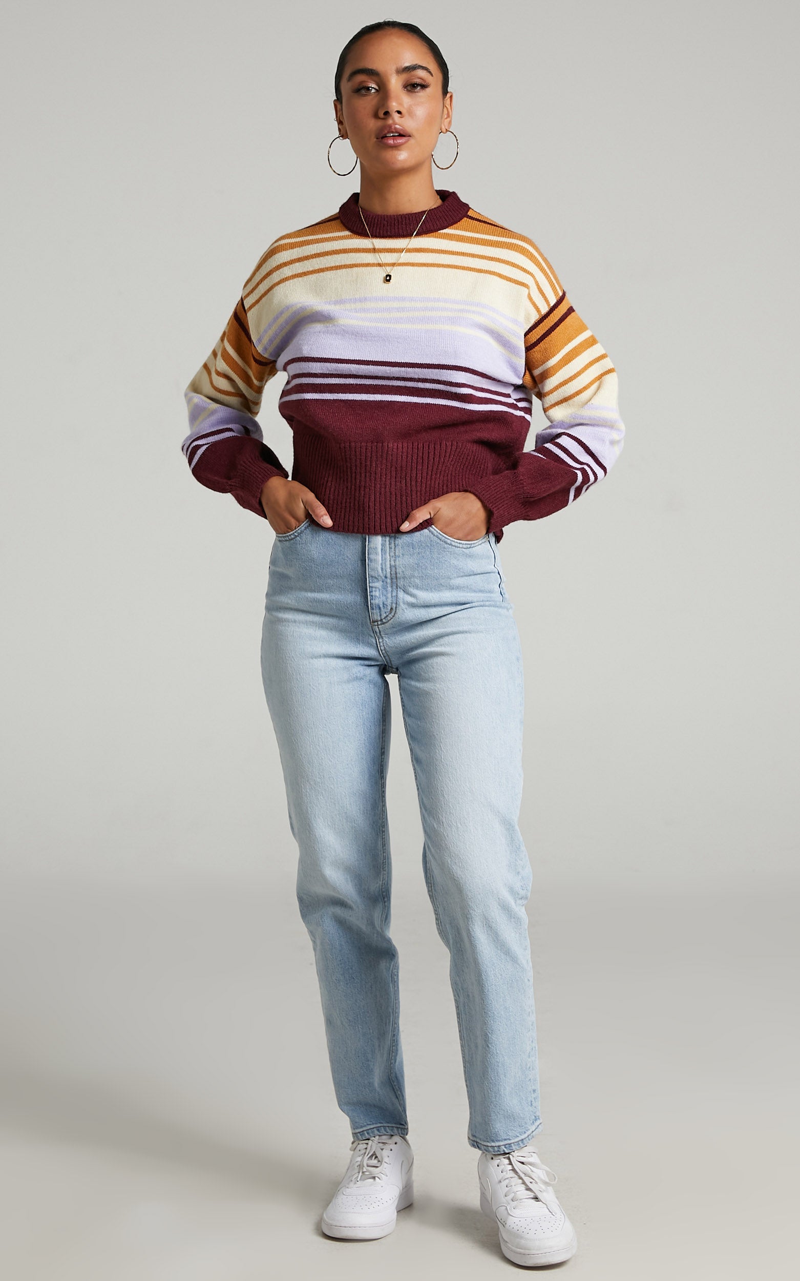 Marjie Balloon Sleeve High Neck Knit Sweater in Multi