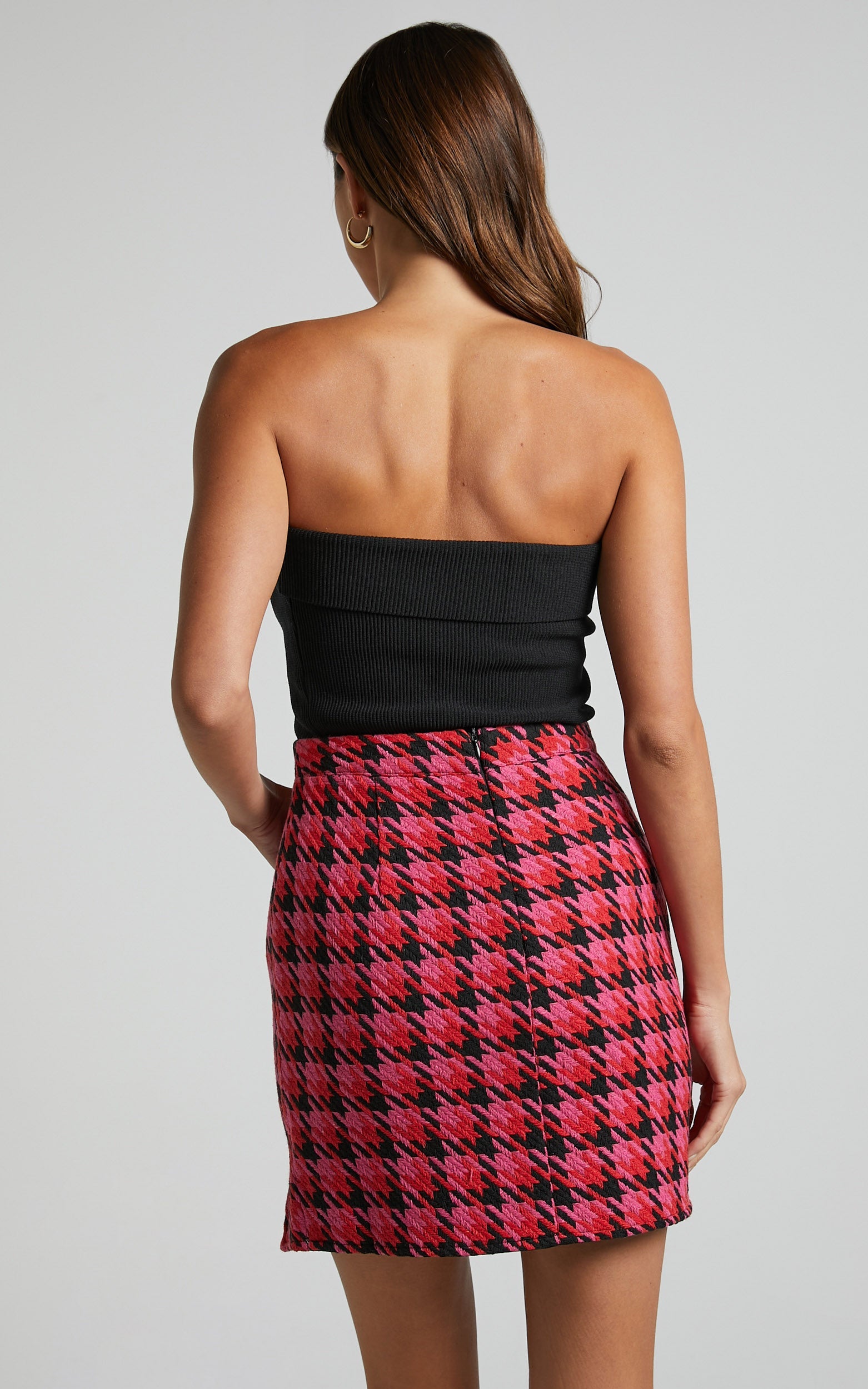 Marjoe Mini Skirt - A Line High Waist Textured Skirt in Pink and Black Check