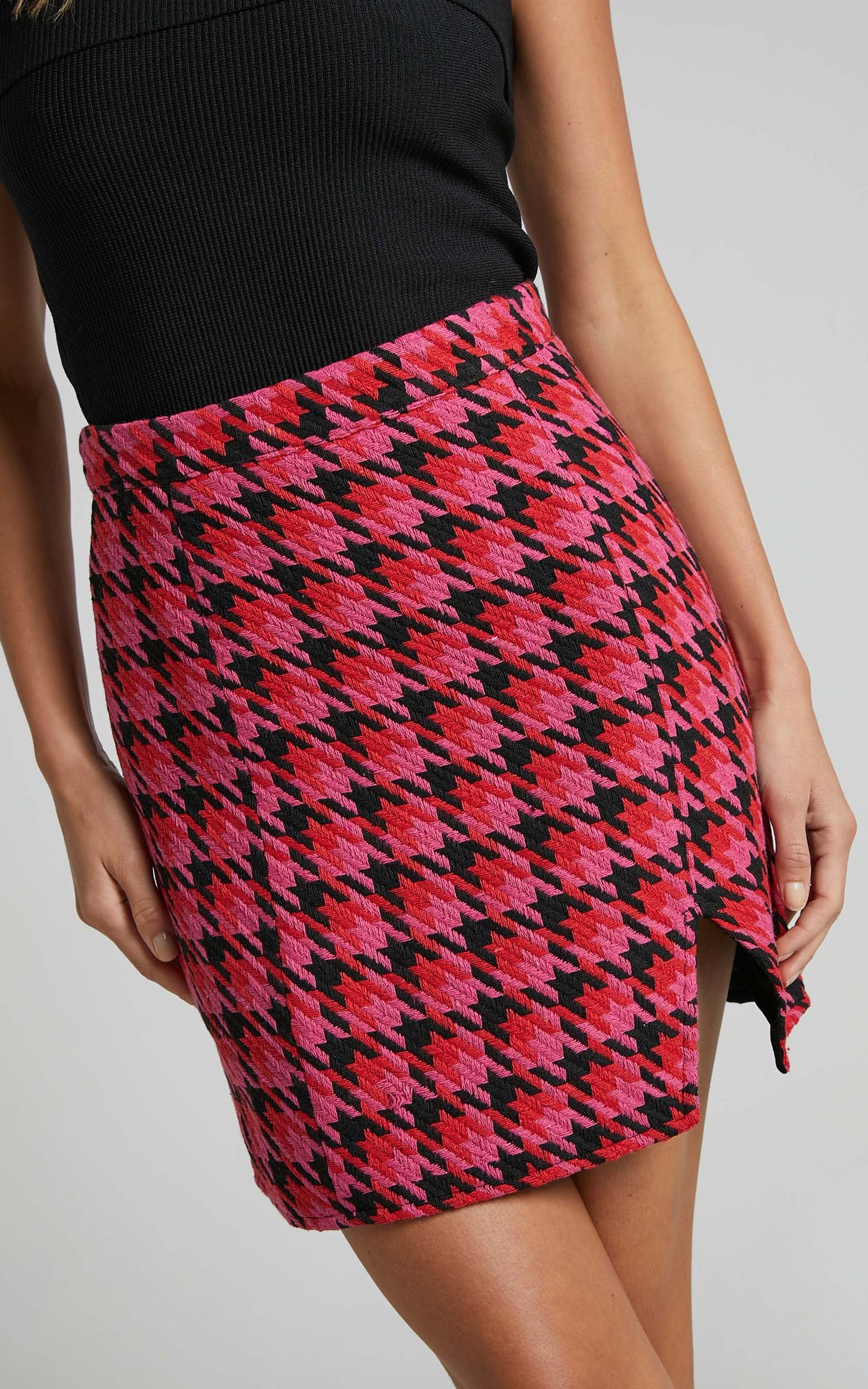 Marjoe Mini Skirt - A Line High Waist Textured Skirt in Pink and Black Check