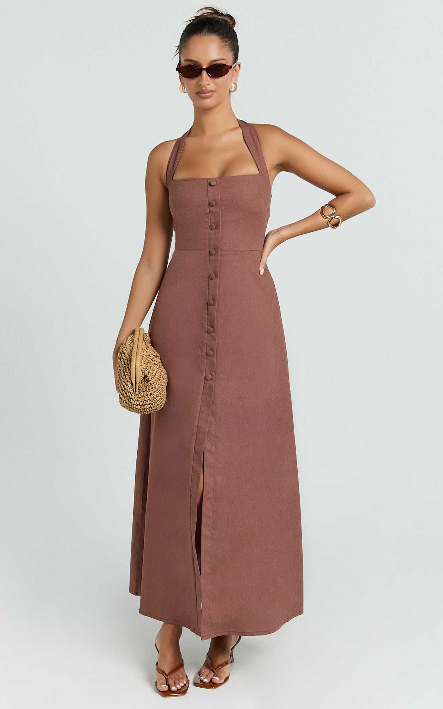 Marla Midi Dress - Square Neck Button Front Shift Dress in Chocolate