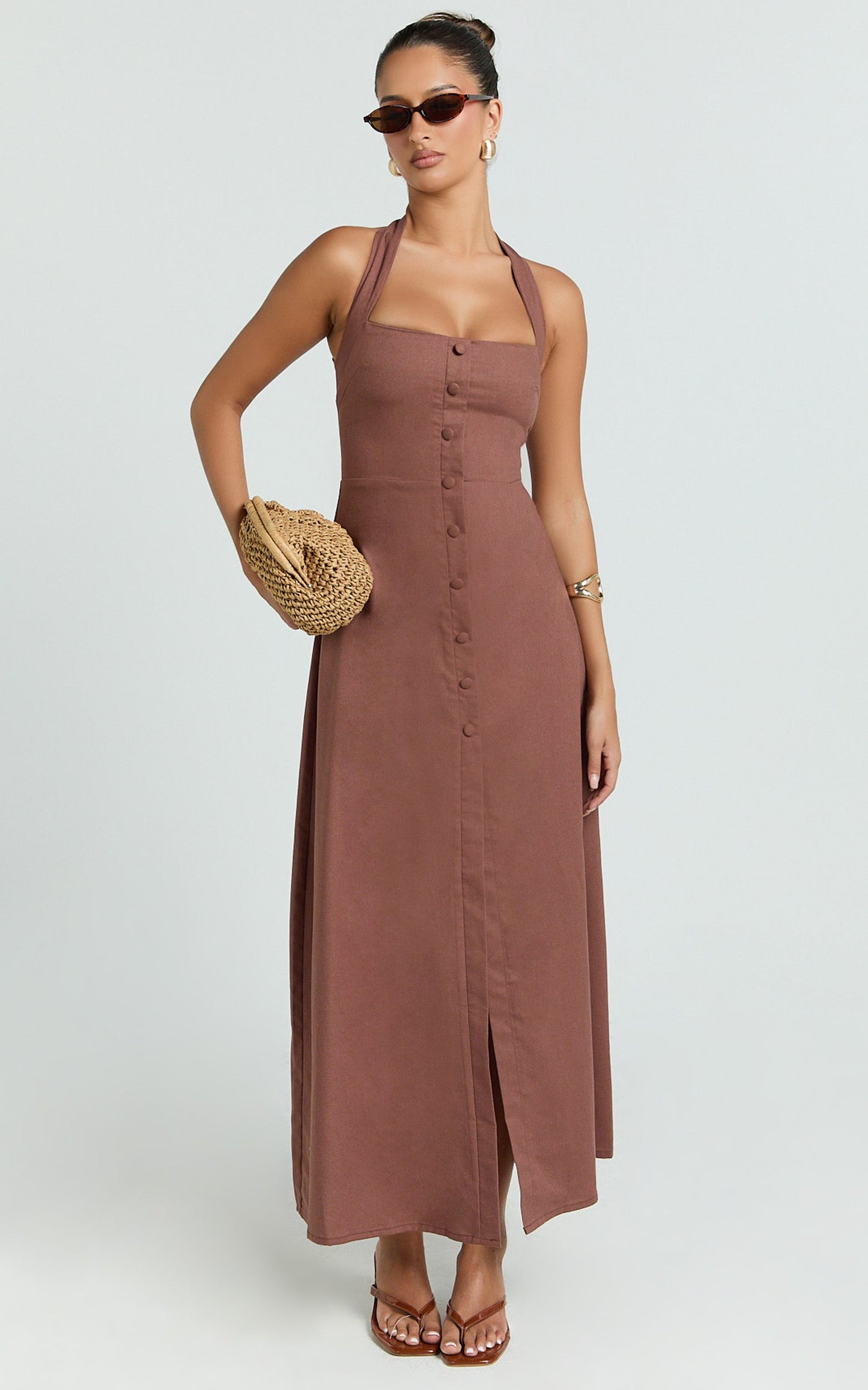 Marla Midi Dress - Square Neck Button Front Shift Dress in Chocolate