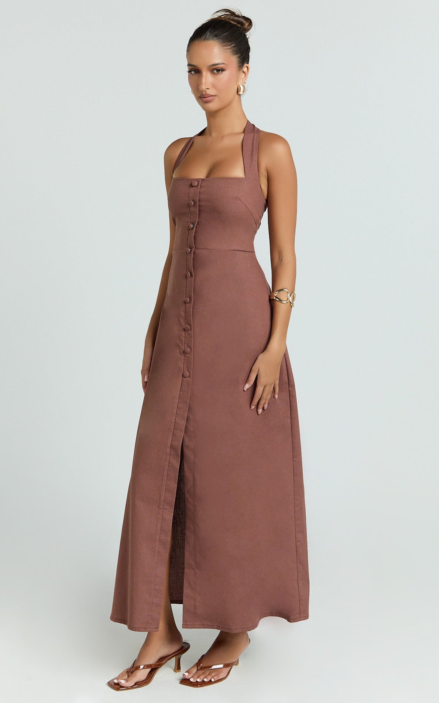 Marla Midi Dress - Square Neck Button Front Shift Dress in Chocolate