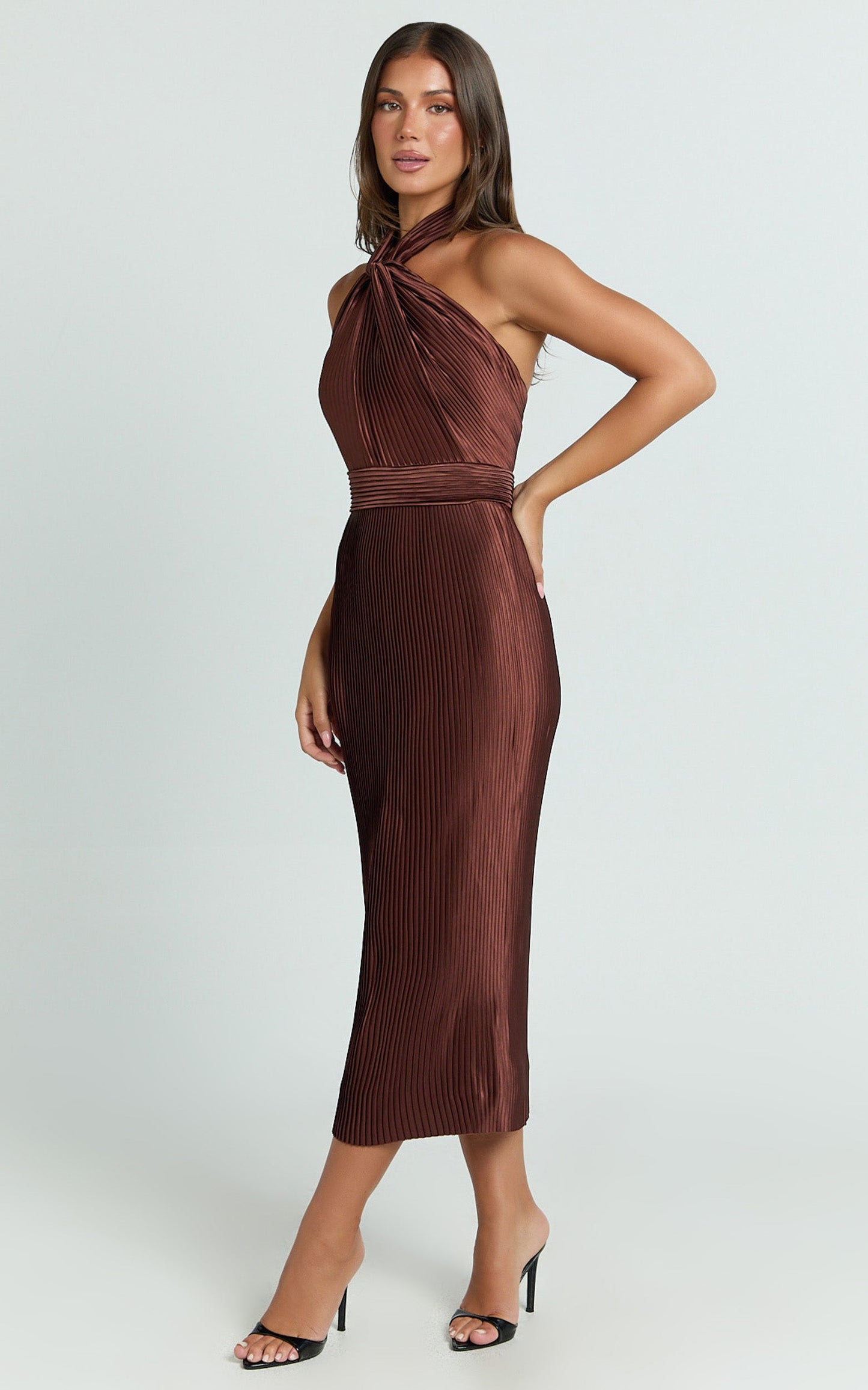 Marlette Midi Dress - Pleated Open Back Halter Dress in Chocolate