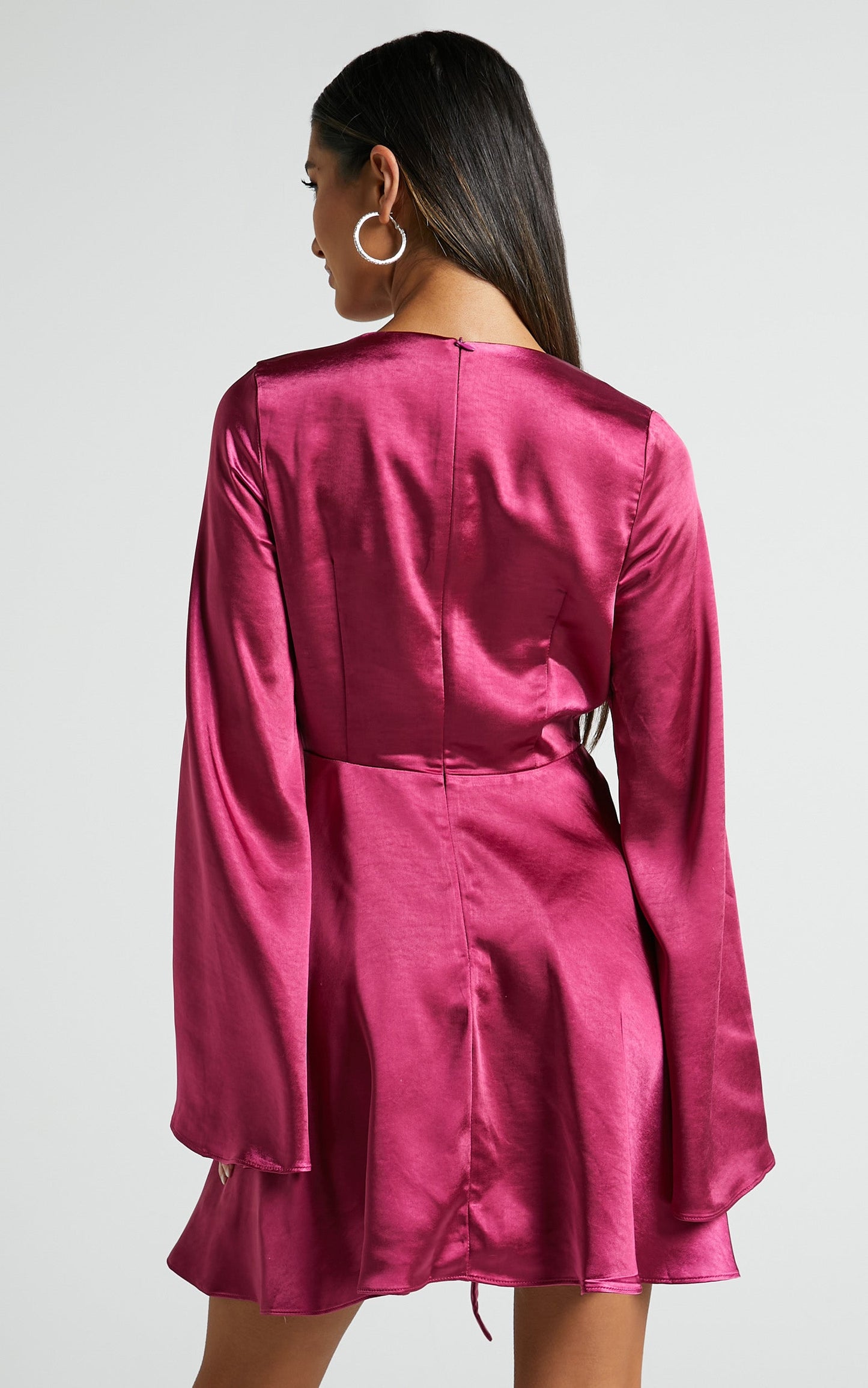 Marneth Mini Dress - Tie Front Long Sleeve Satin Dress in Magenta