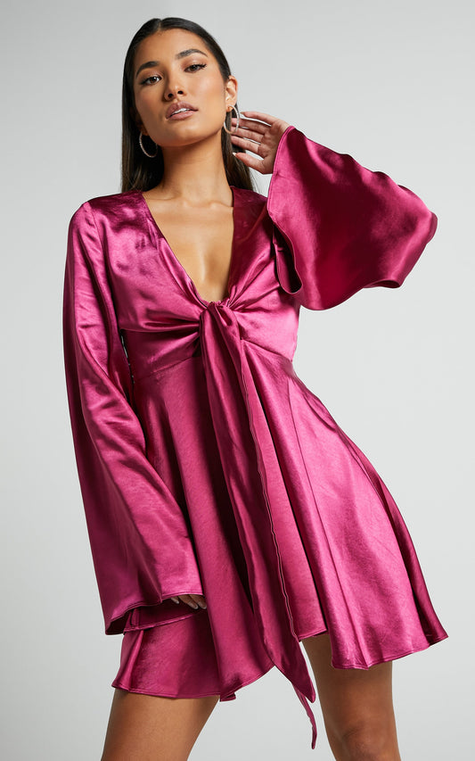 Marneth Mini Dress - Tie Front Long Sleeve Satin Dress in Magenta