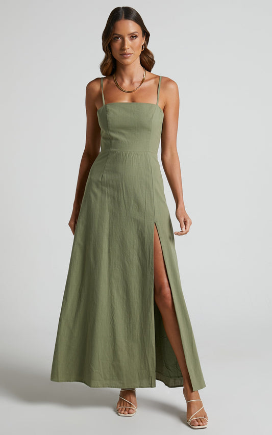Marsha Midi Linen Blend Dress - High Split Slip Dress in Khaki