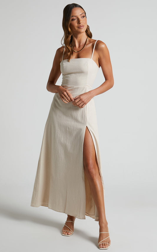 Marsha Midi Linen Blend Dress - High Split Slip Dress in Neutral