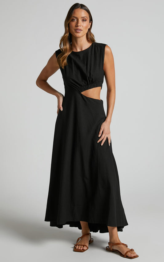 Martha Midi Dress - A Line Side Cutout Sleeveless Dress in Black