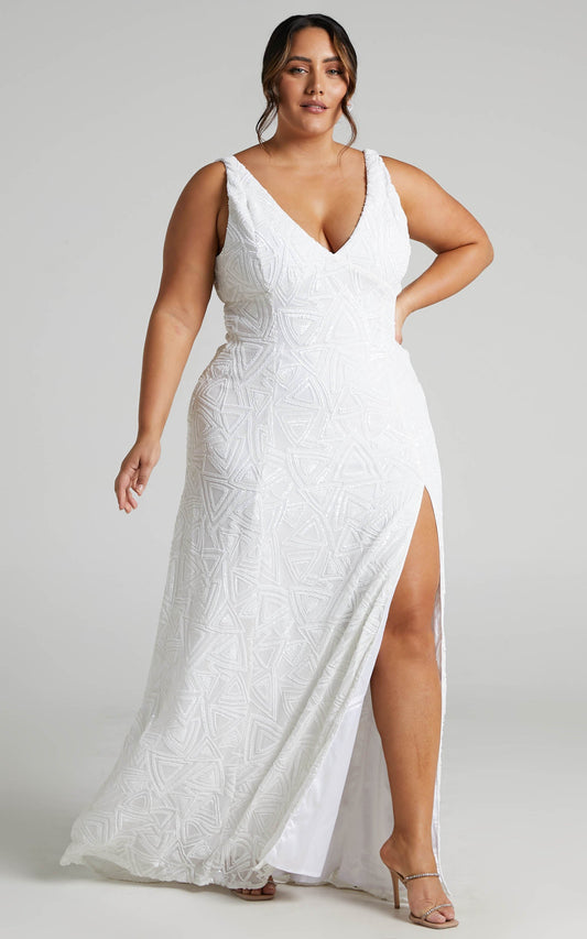 Martila Gown - Embellished Sequin Plunge Neck Side Split Gown in Ivory