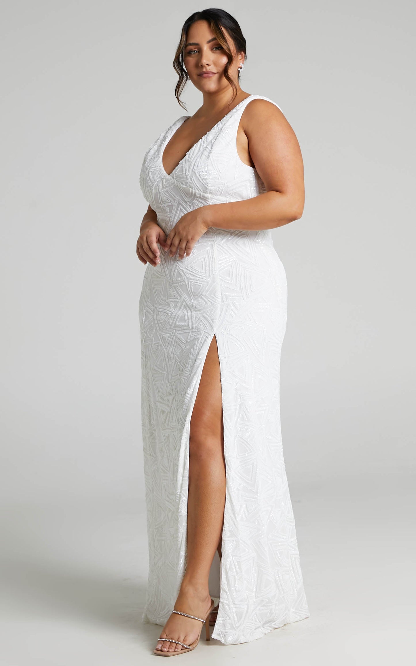 Martila Gown - Embellished Sequin Plunge Neck Side Split Gown in Ivory