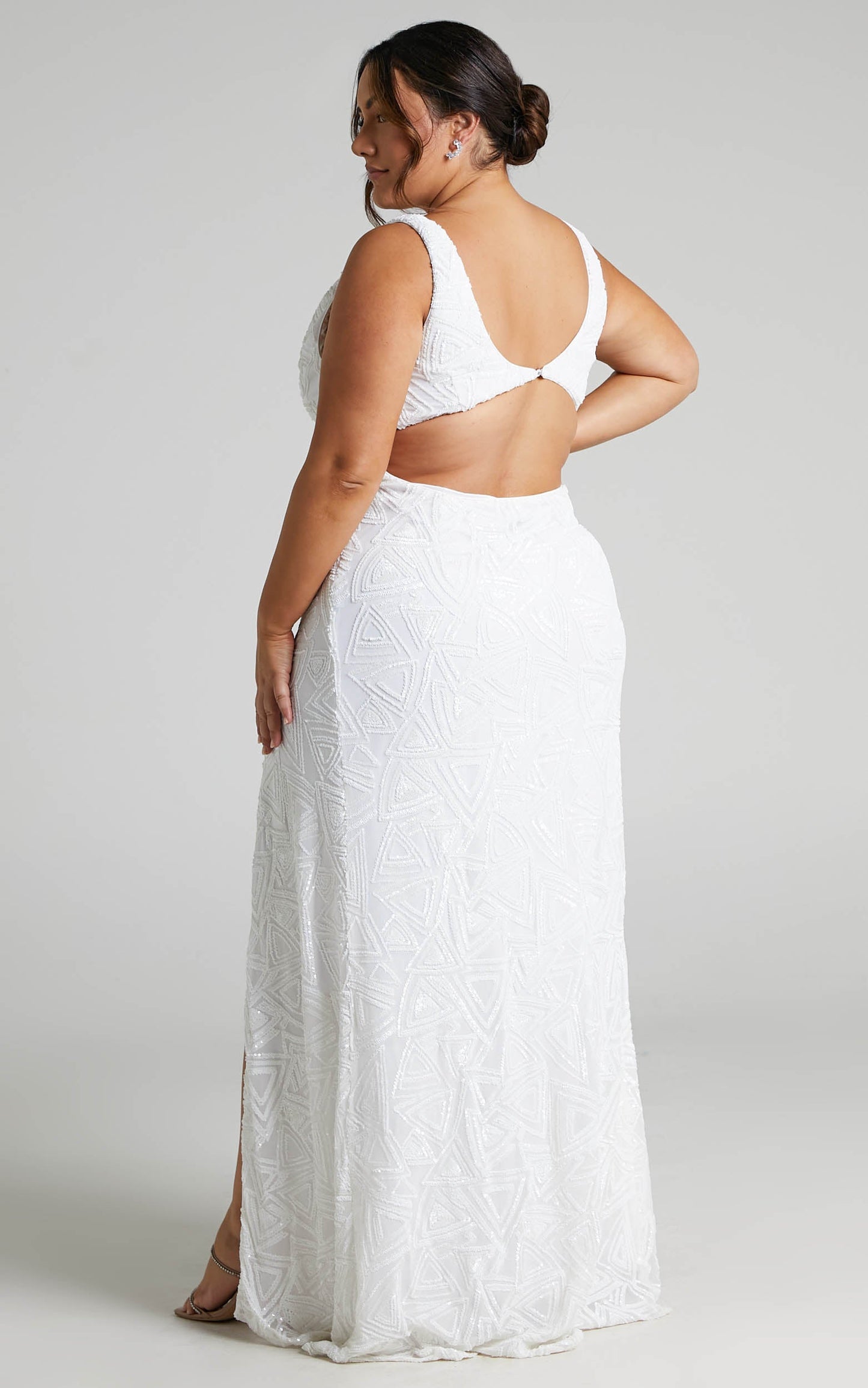 Martila Gown - Embellished Sequin Plunge Neck Side Split Gown in Ivory