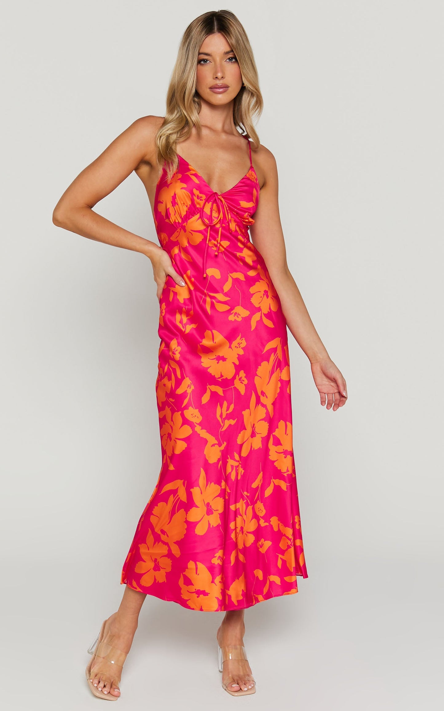 Marvey Midi Dress - Wide V Neck Sleeveless Dress in Pink & Orange Floral