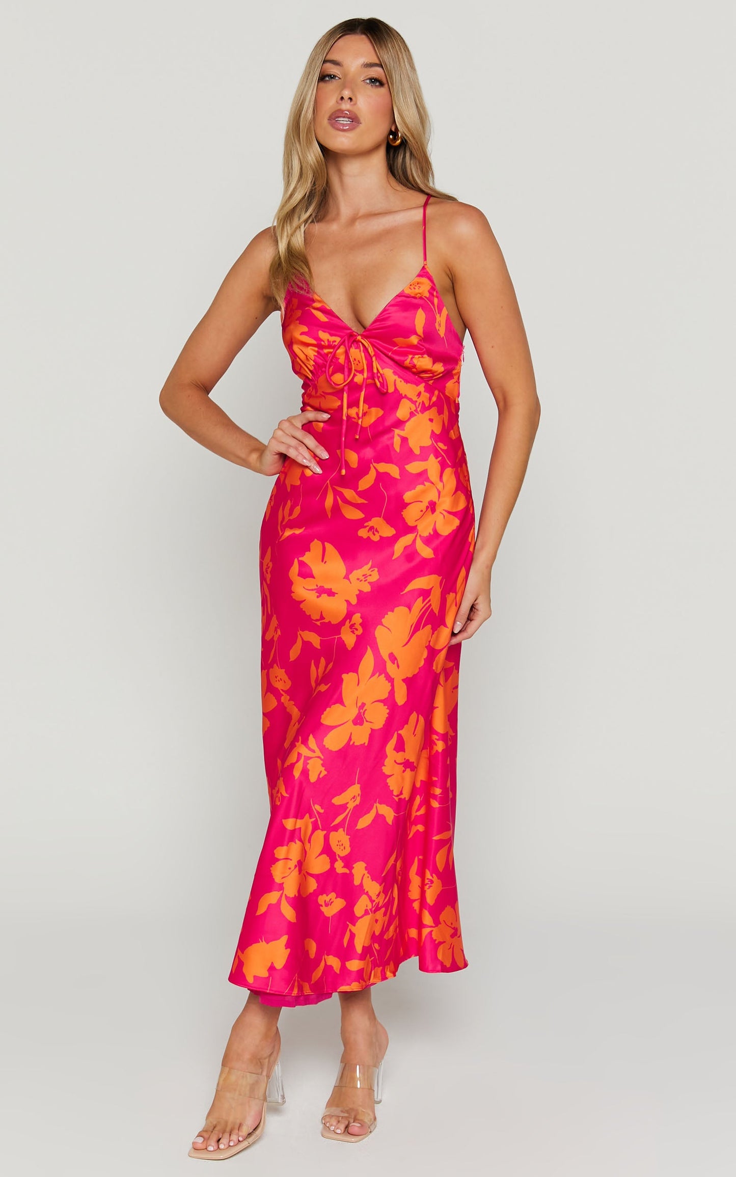 Marvey Midi Dress - Wide V Neck Sleeveless Dress in Pink & Orange Floral