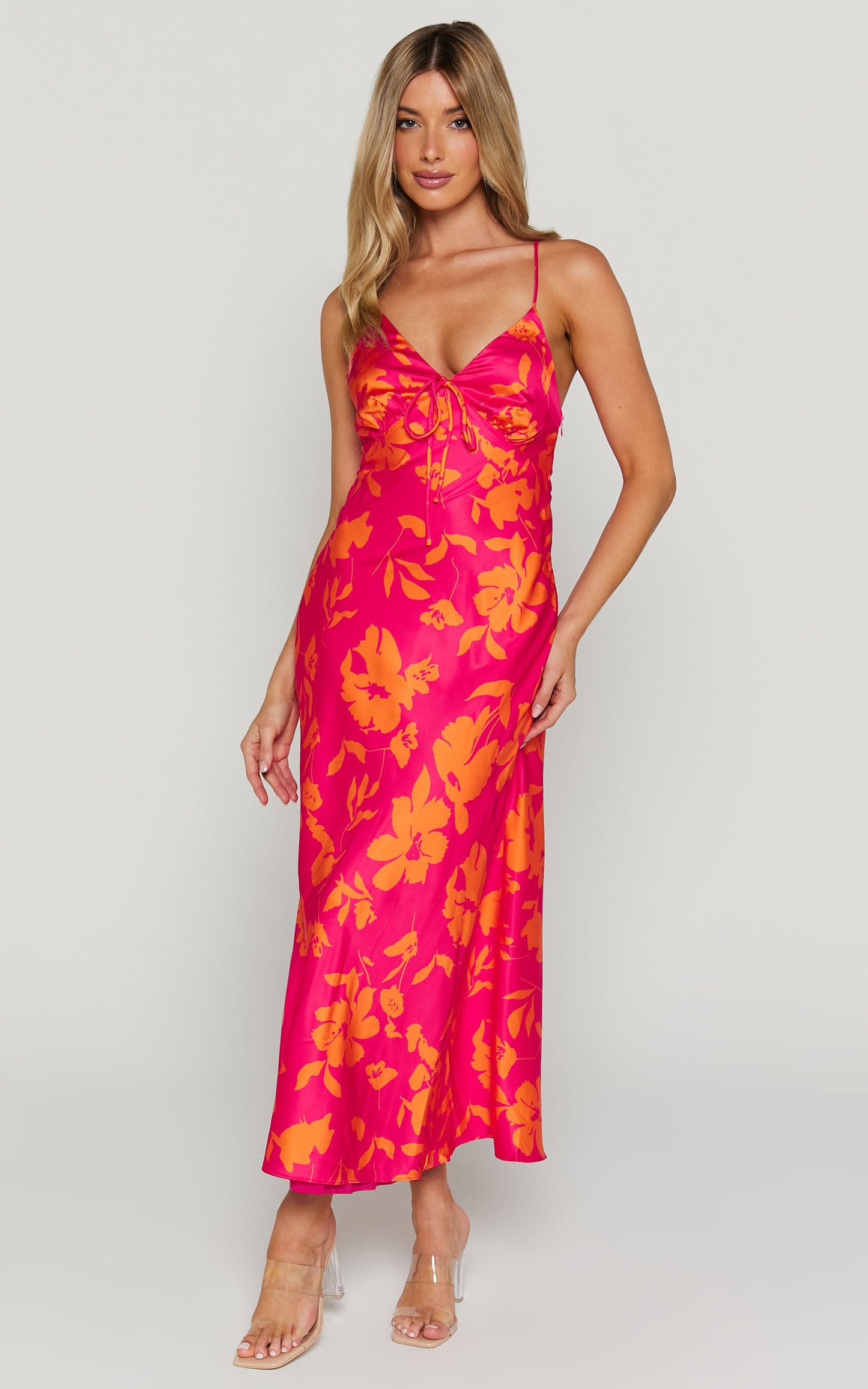 Marvey Midi Dress - Wide V Neck Sleeveless Dress in Pink & Orange Floral