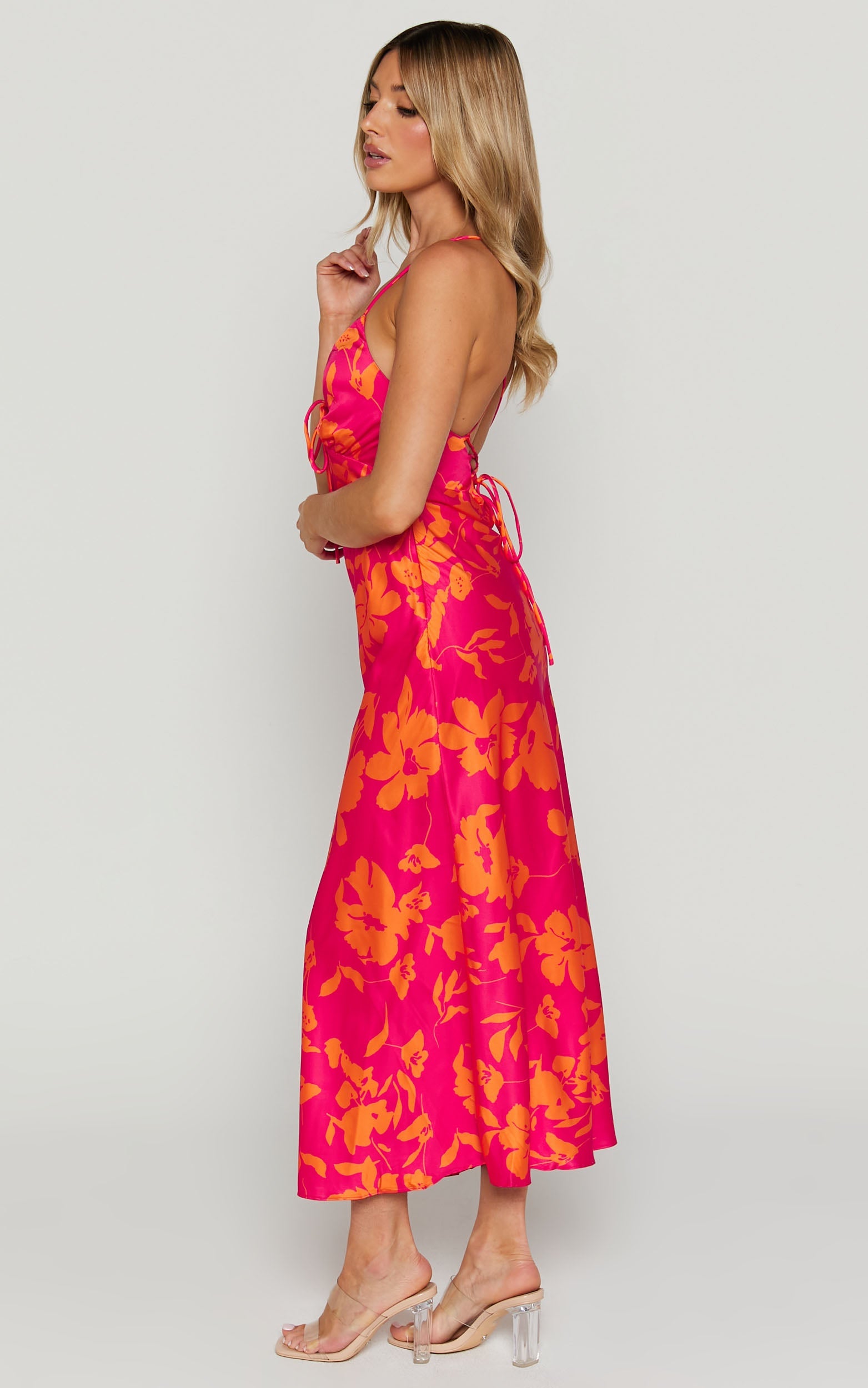 Marvey Midi Dress - Wide V Neck Sleeveless Dress in Pink & Orange Floral