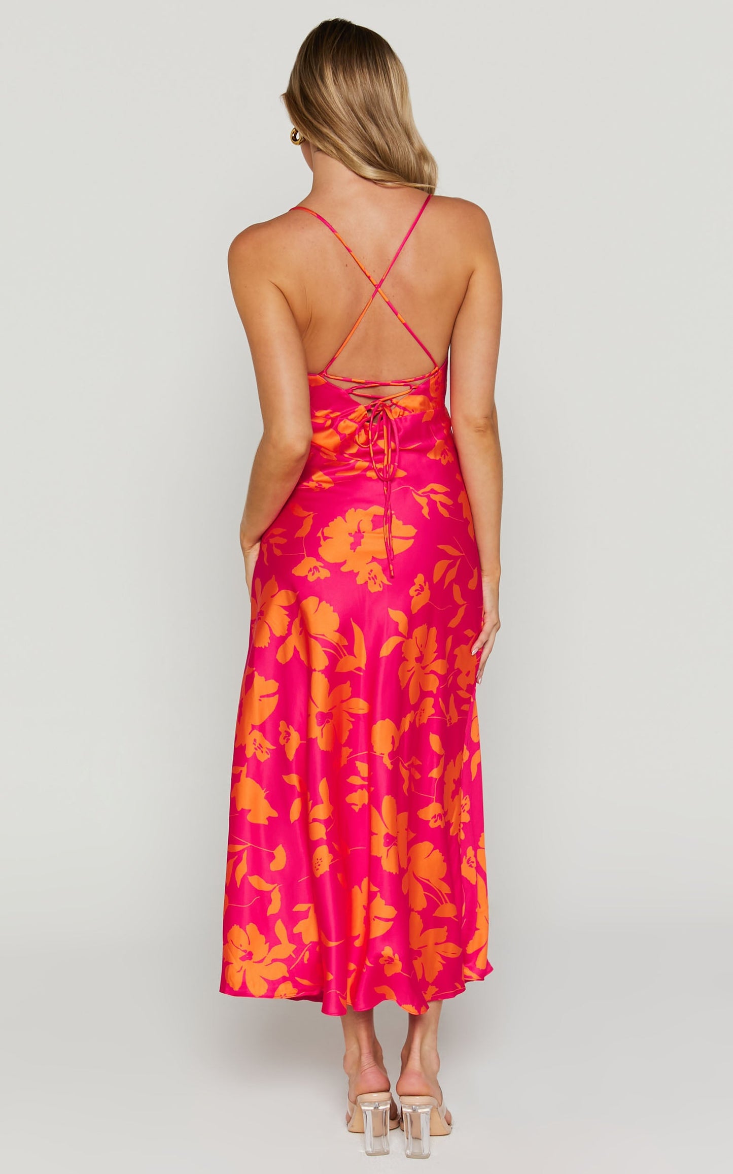 Marvey Midi Dress - Wide V Neck Sleeveless Dress in Pink & Orange Floral