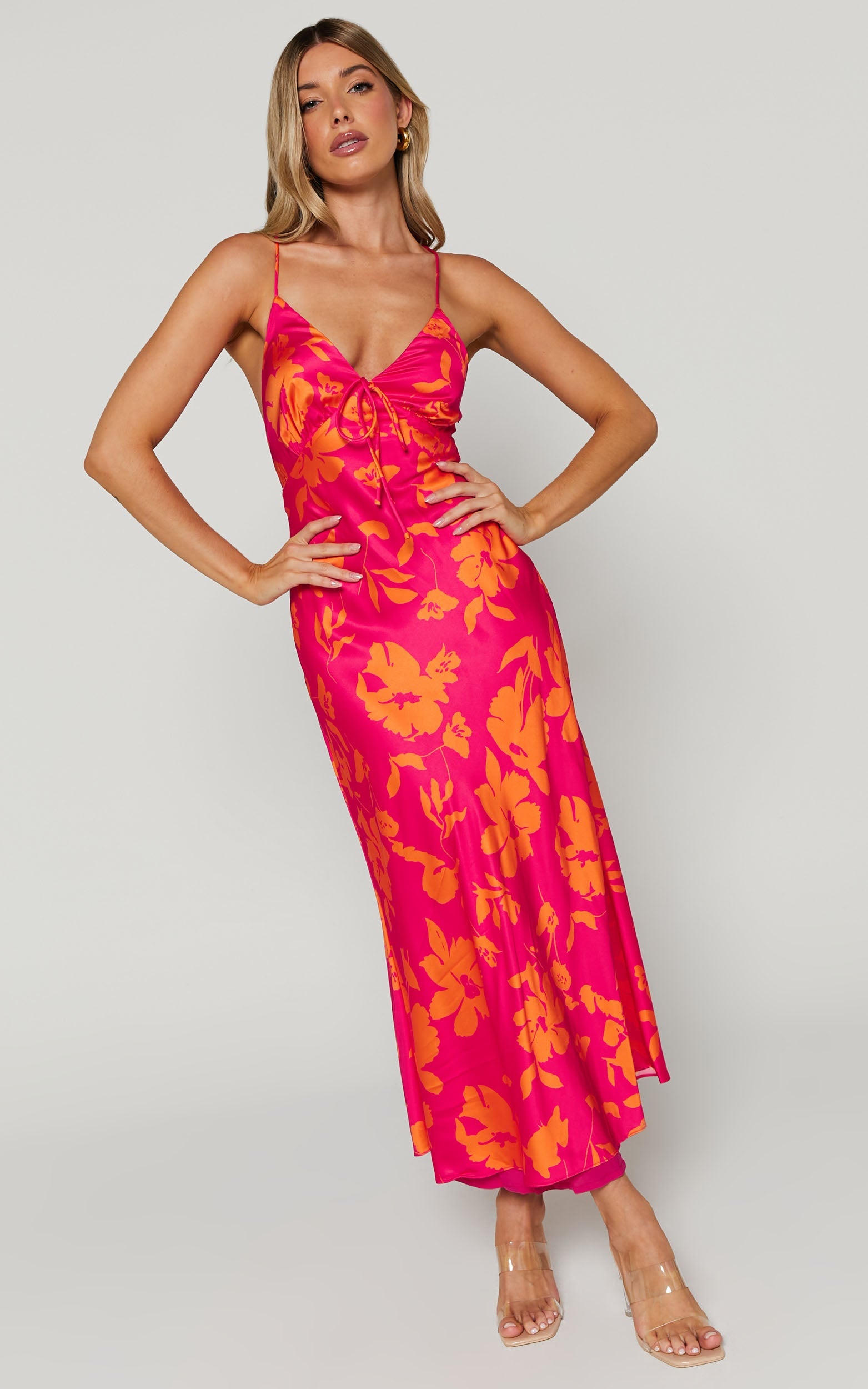 Marvey Midi Dress - Wide V Neck Sleeveless Dress in Pink & Orange Floral