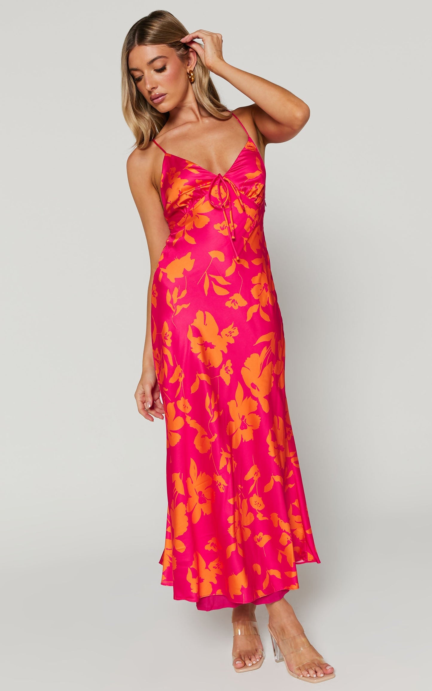 Marvey Midi Dress - Wide V Neck Sleeveless Dress in Pink & Orange Floral