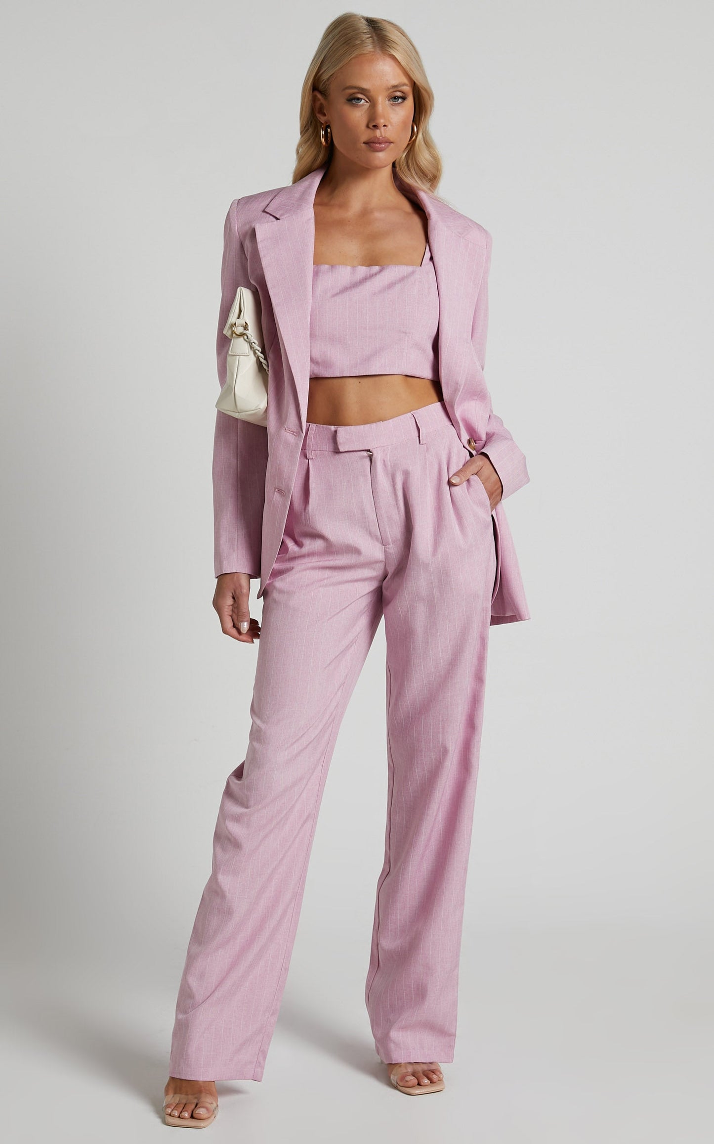 Marvilla Two Piece Set - Crop Top and Tailored Pants Set in Light Pink Pinstripe